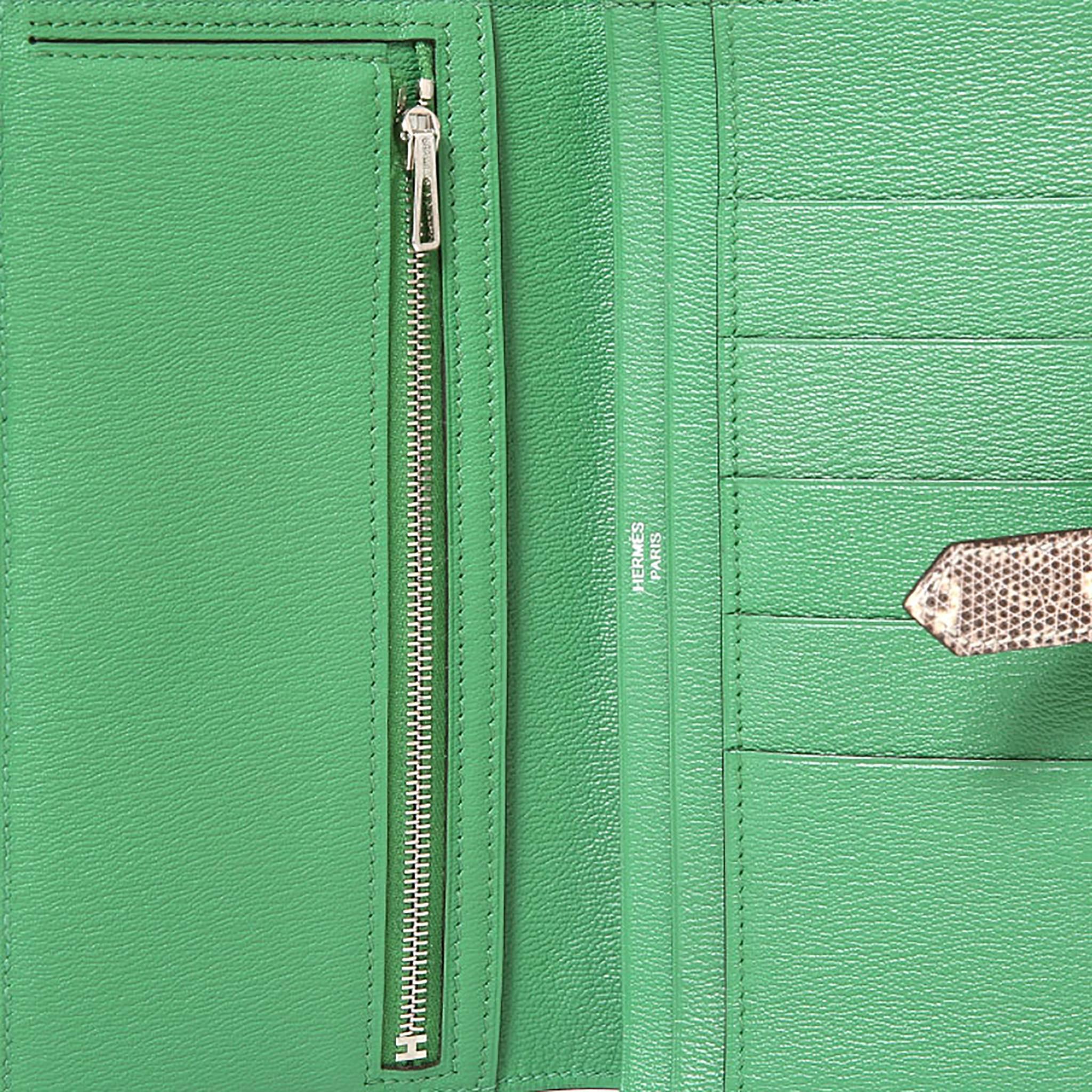 Hermes Bearn Wallet Crocodile Fight Lizard Skin Green / Ombre Color PHW 1