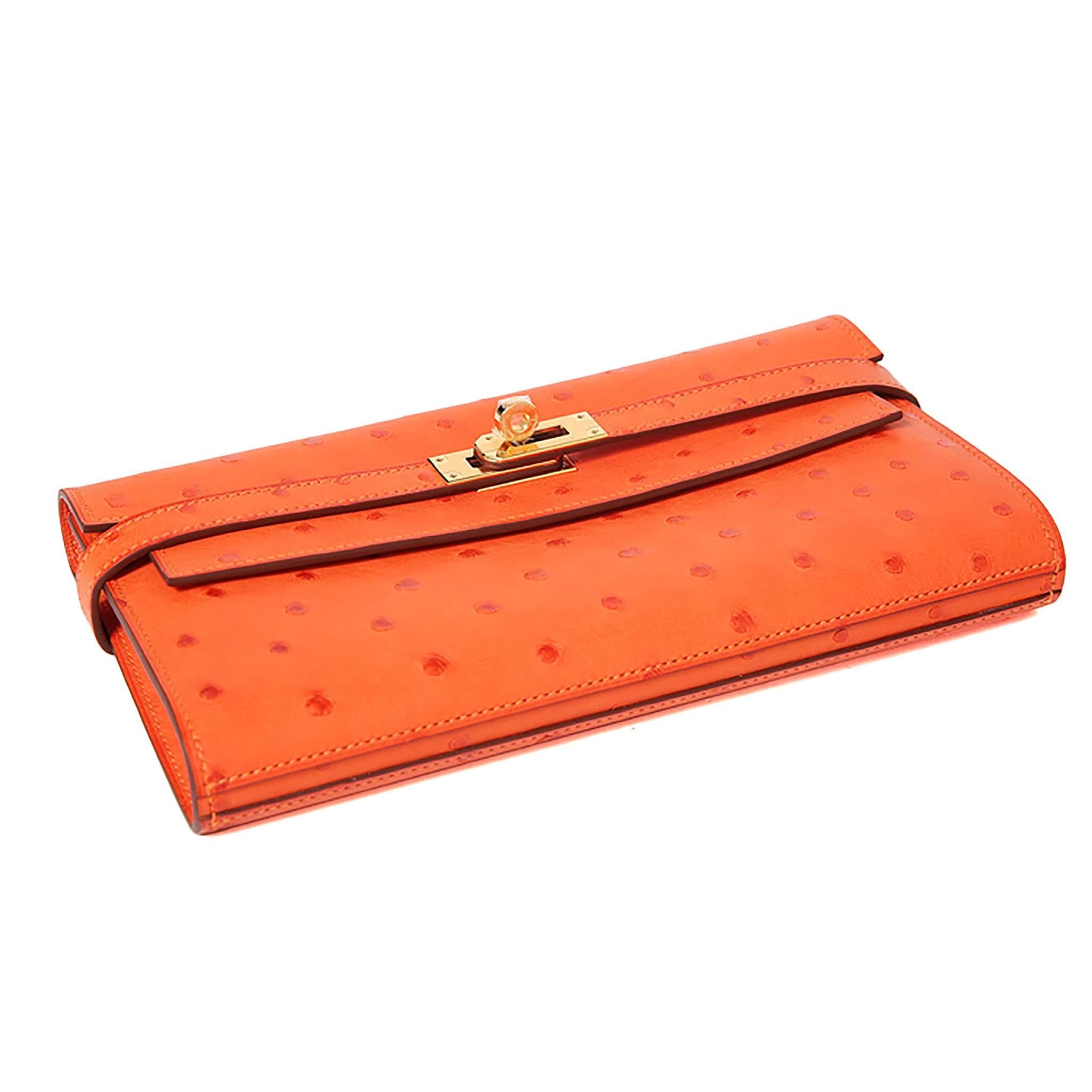 Women's Hermes Kelly Wallet Ostrich Leather Orange Color GHW