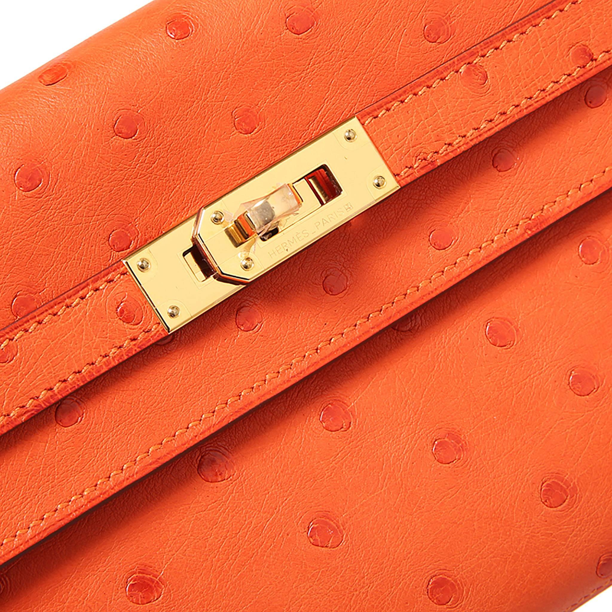 Hermes Kelly Wallet Ostrich Leather Orange Color GHW 1