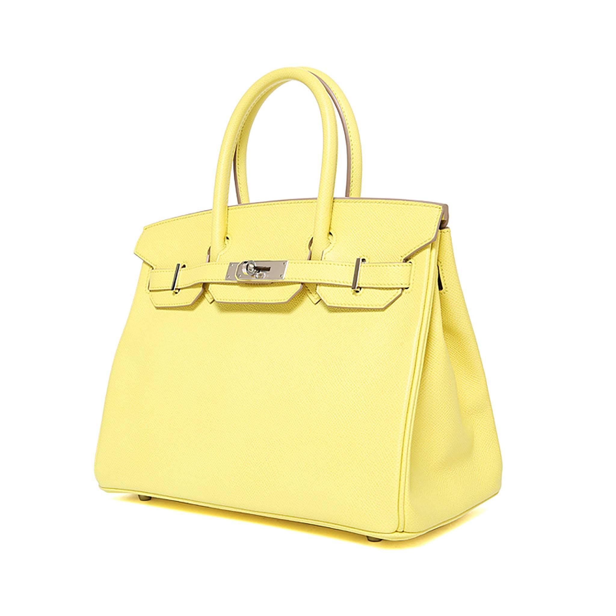 Hermes Birkin 30 Epsom Leather 9N Lemon Yellow Color PHW

Pristine condition. Pre-owned and never used

Model: Birkin Stamp: R

Composition: Epsom Leather

Color: 9N Lemon Yellow

Hardware: Palladium

Measures: 11.81 x 8.66 x 6.29 inch /  30 x 22 x