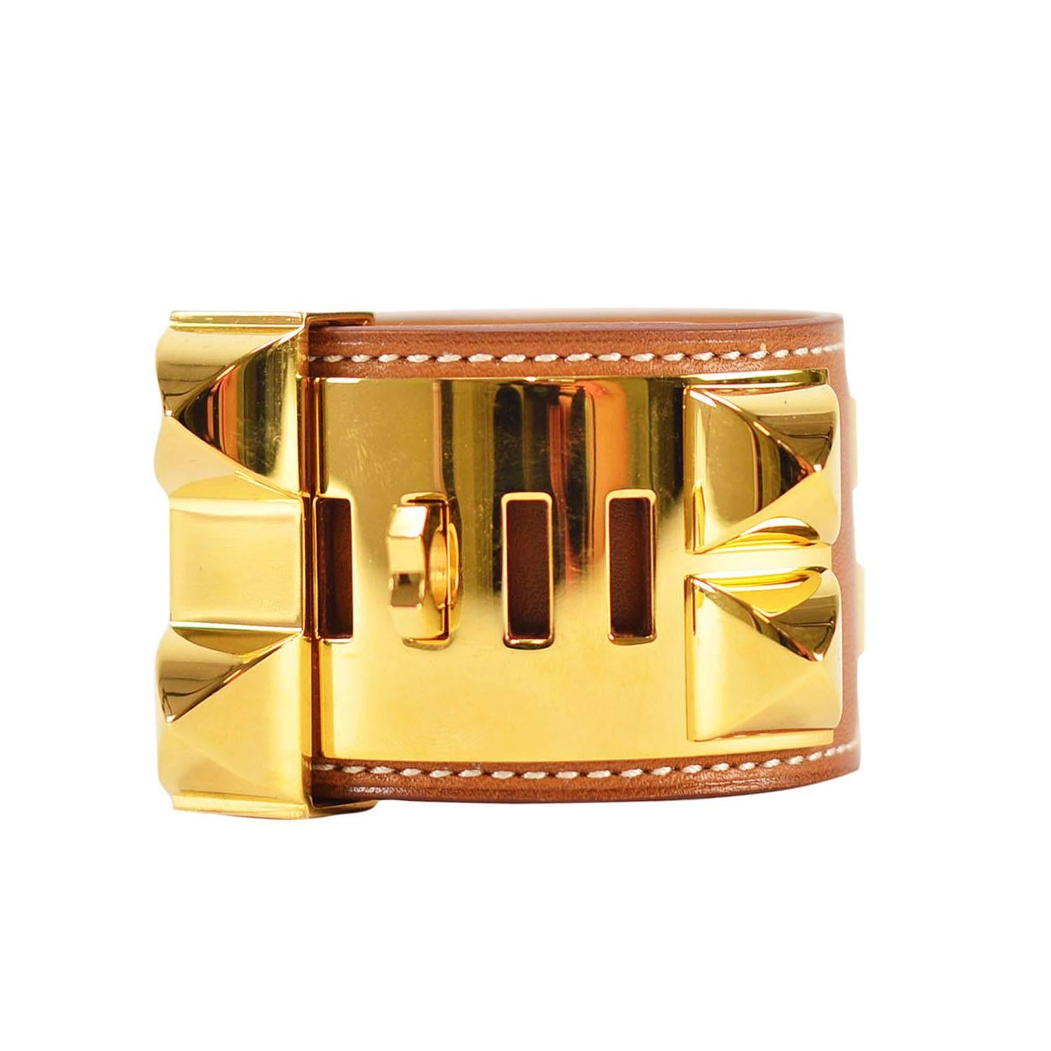 HERMES Bracelet Collier de Chien V2 S Tan Barenia Fauve Color Gold Hardware 2015 In New Condition In Miami, FL