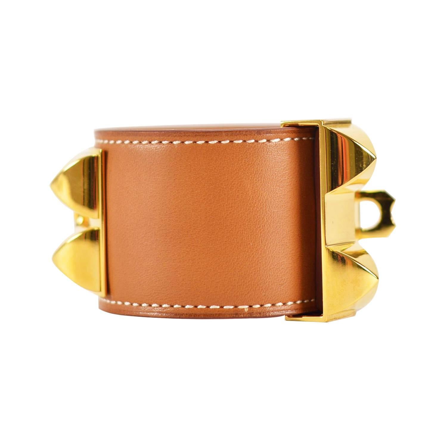 Women's or Men's HERMES Bracelet Collier de Chien V2 S Tan Barenia Fauve Color Gold Hardware 2015