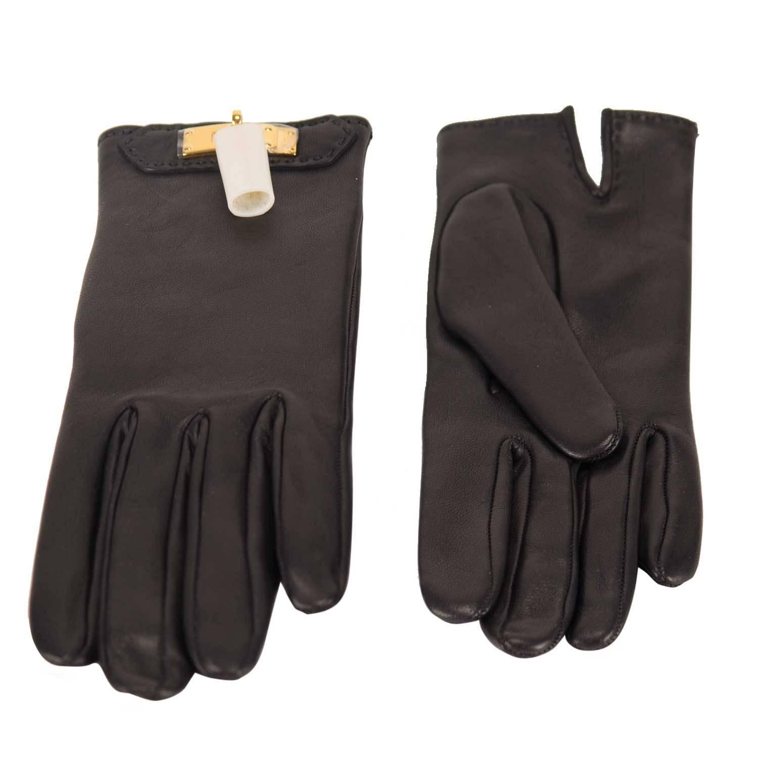 HERMES Gloves Woman SOYA Size 6 Black Gold Hardware 2015. For Sale