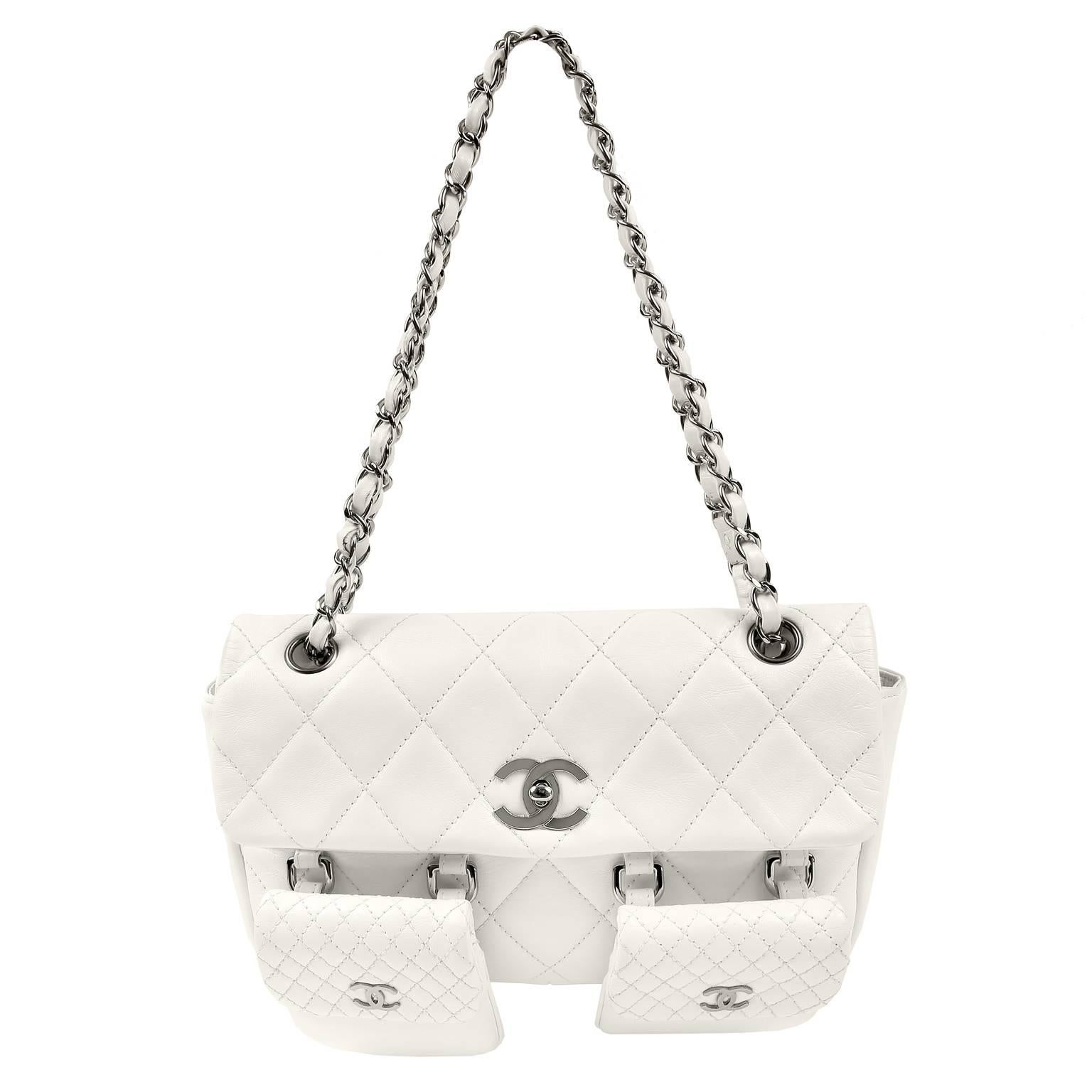 Chanel White Lambskin Two Pocket Day Bag For Sale