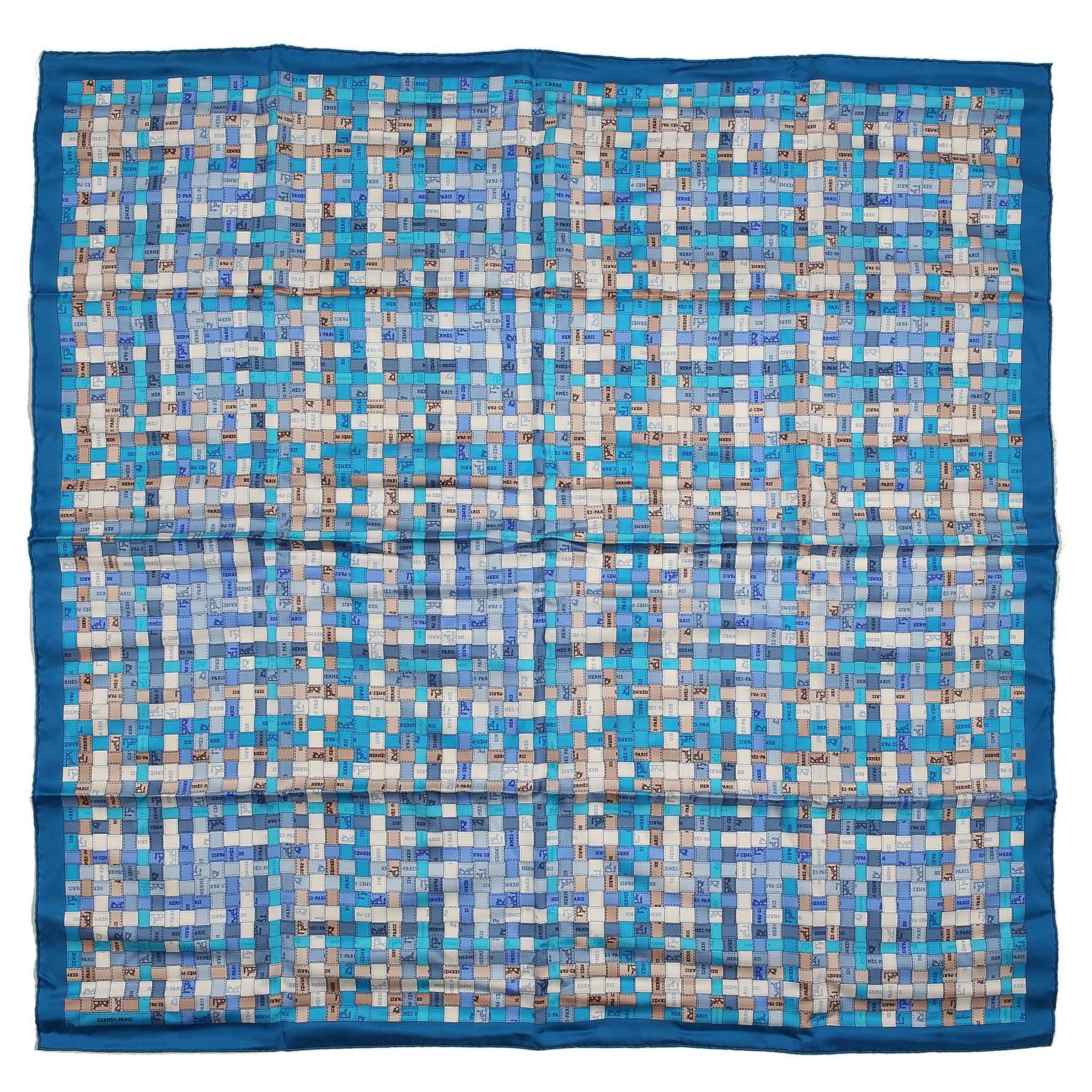 Hermes Blue Bolduc au Carre 90 cm Silk Scarf For Sale
