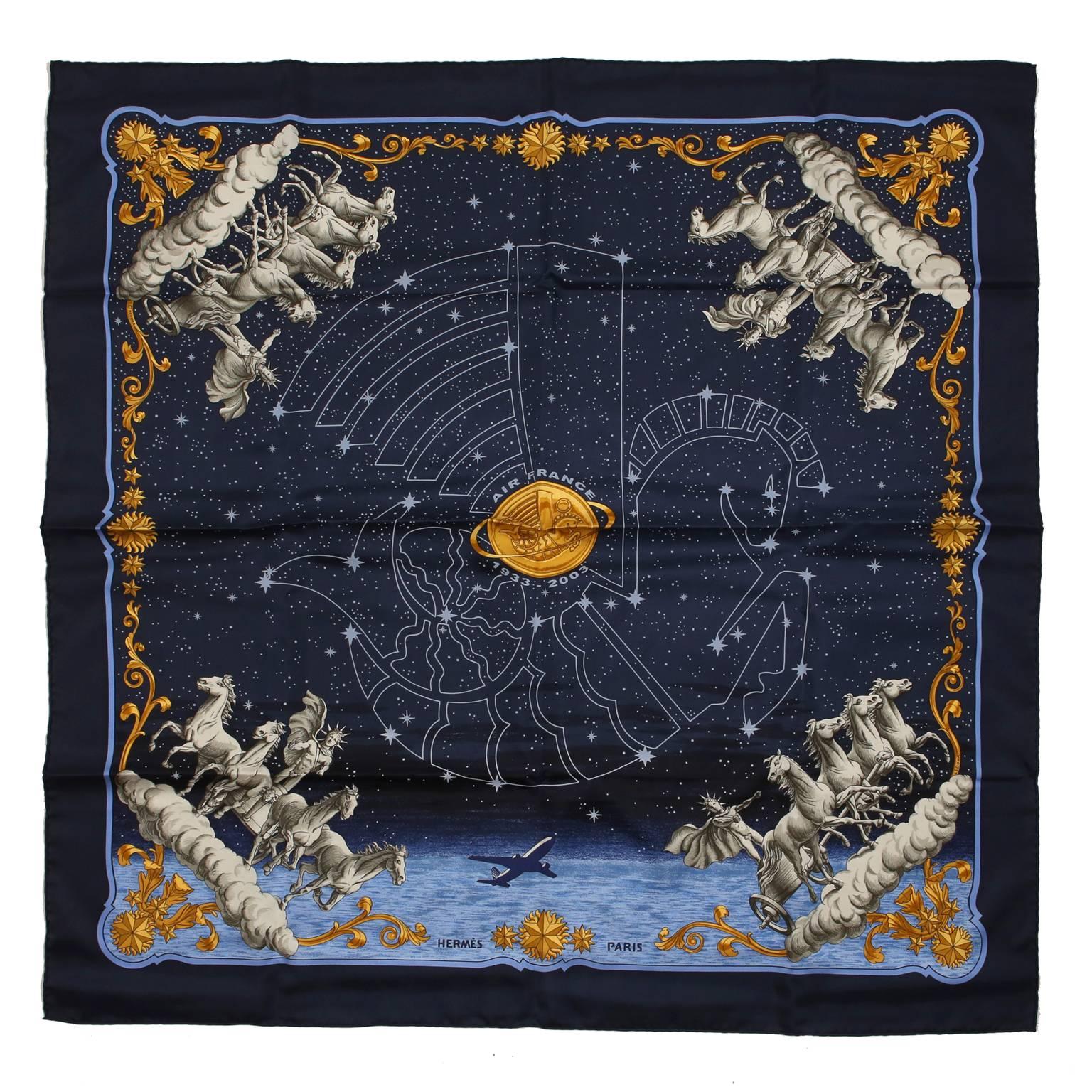 Hermes Cosmos Midnight Blue 90 cm Silk Scarf