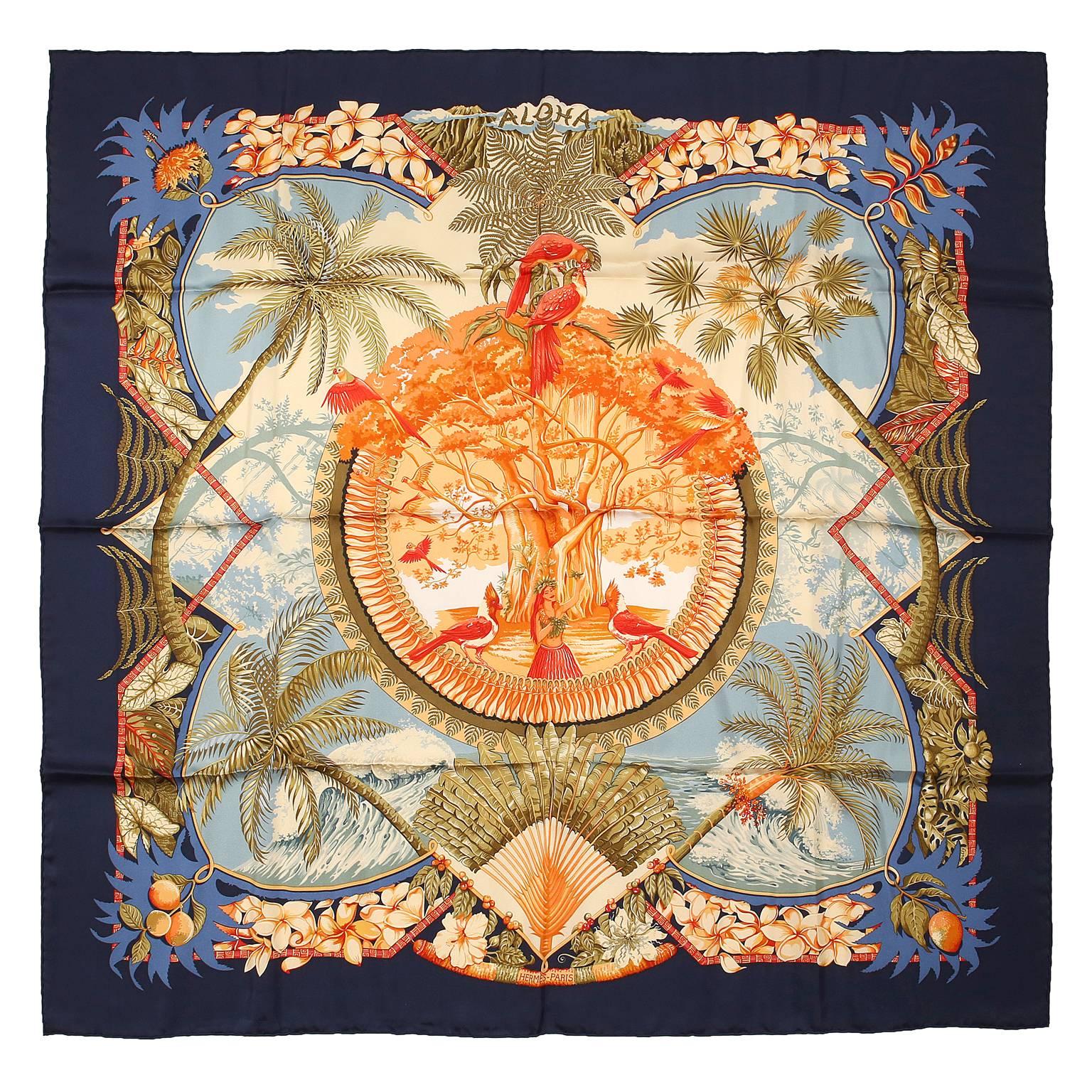 Hermes Blue Aloha Silk Scarf 90 cm For Sale