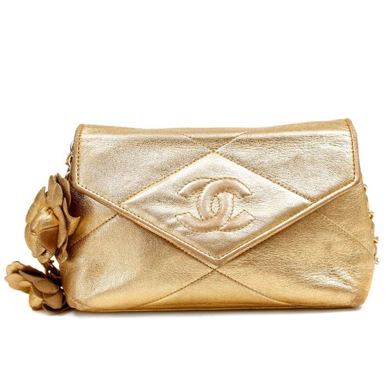 Chanel Gold Leather Camillia Vintage Evening Bag In Excellent Condition For Sale In Malibu, CA