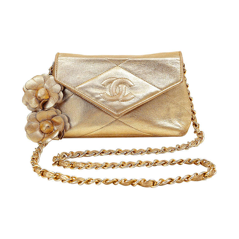 Chanel Gold Leather Camillia Vintage Evening Bag For Sale