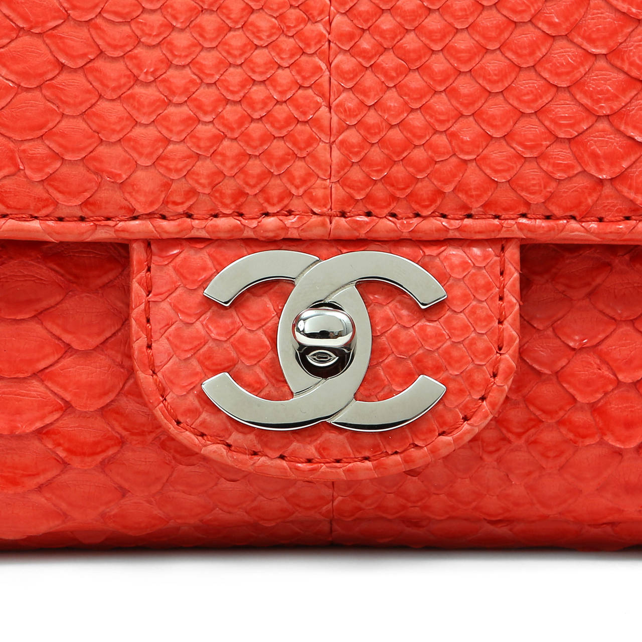 Chanel Python Classic Flap Bag CORAL with silver hardware In New Condition In Malibu, CA