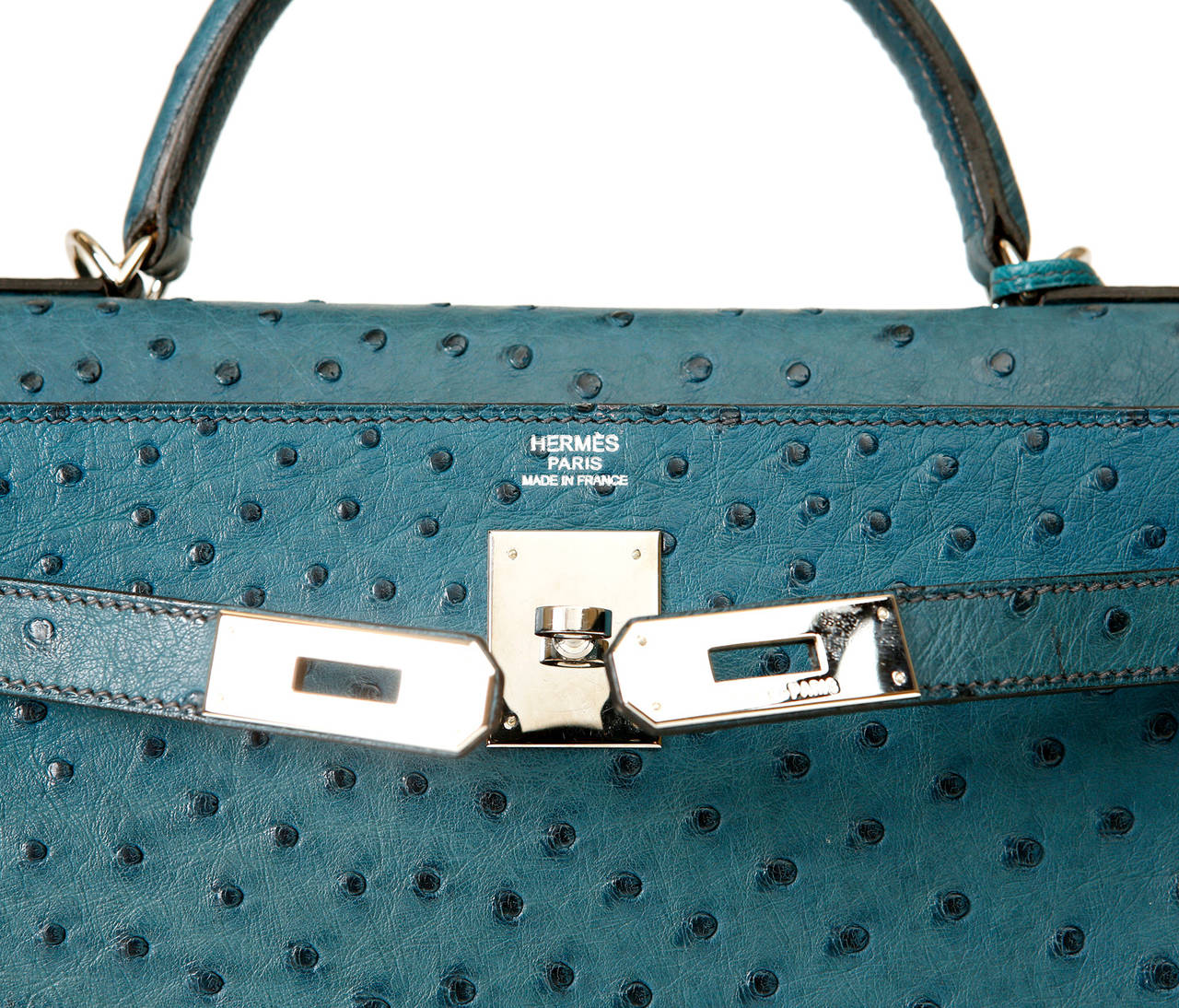 Hermes Blue Roi Ostrich Skin Kelly Bag- 32 cm Palladium Hardware In Excellent Condition In Malibu, CA