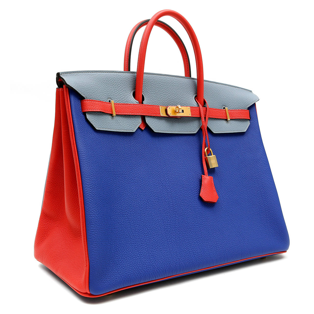 Hermes Blue Grey Red Tri Color Togo Birkin- 40 cm Horseshoe Bag In New Condition In Malibu, CA