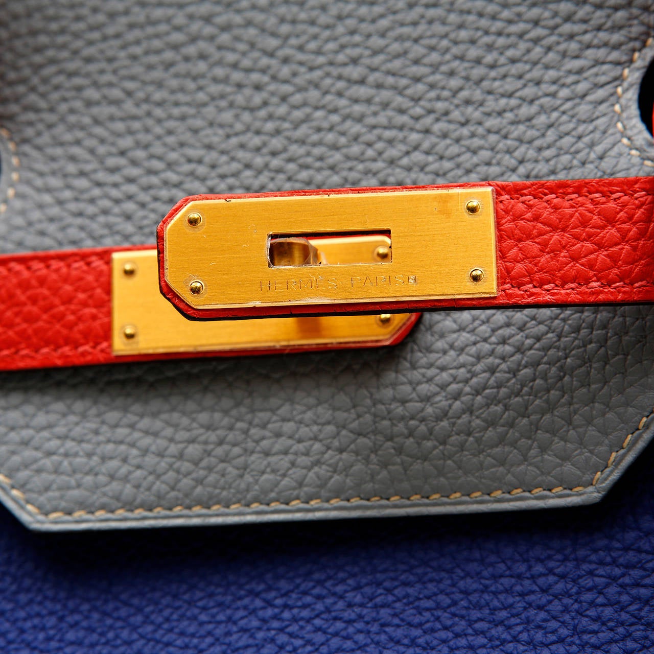 Hermes Blue Grey Red Tri Color Togo Birkin- 40 cm Horseshoe Bag 1