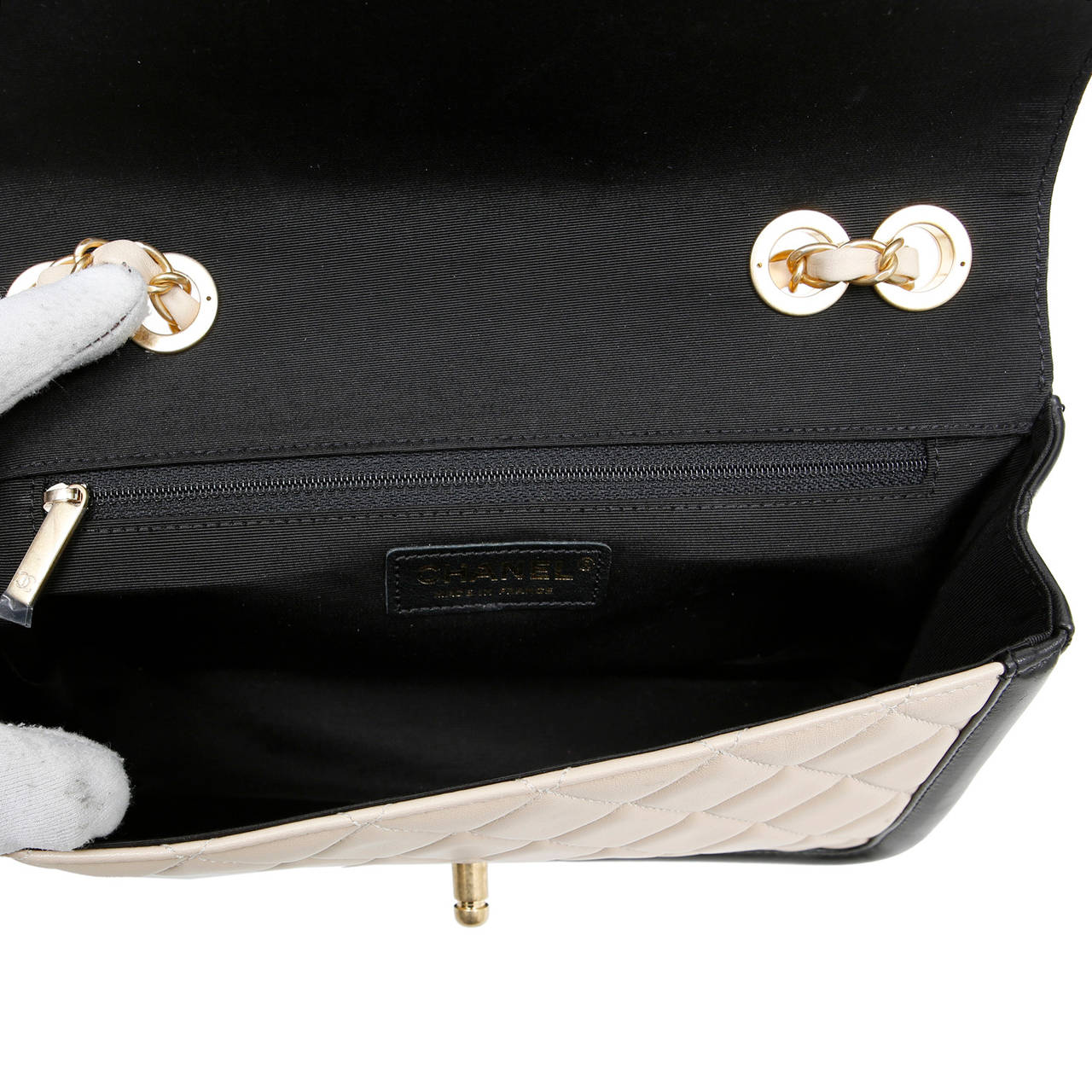 Chanel Beige Leather Black Trim Flap Bag 3