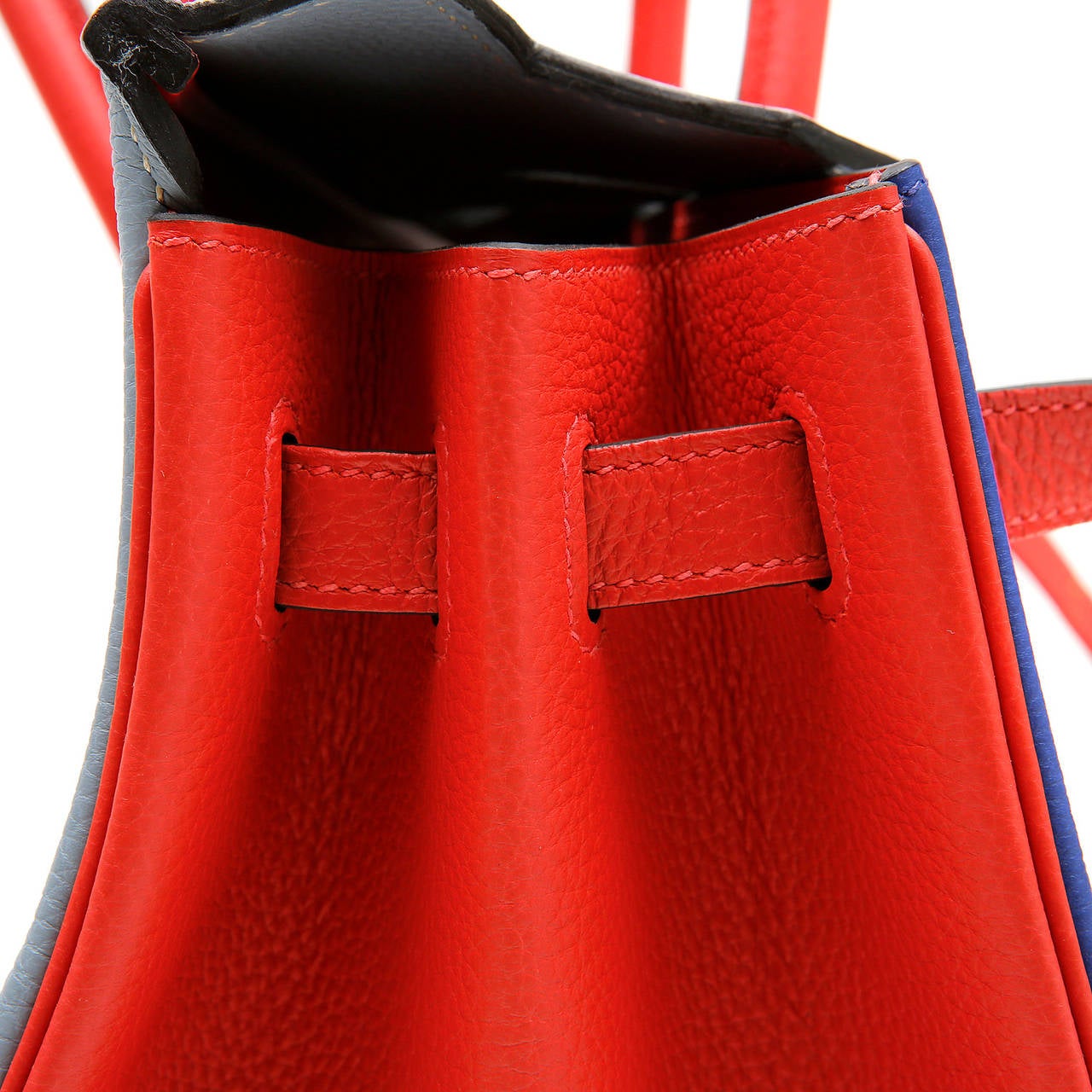 Hermes Blue Grey Red Tri Color Togo Birkin- 40 cm Horseshoe Bag 3