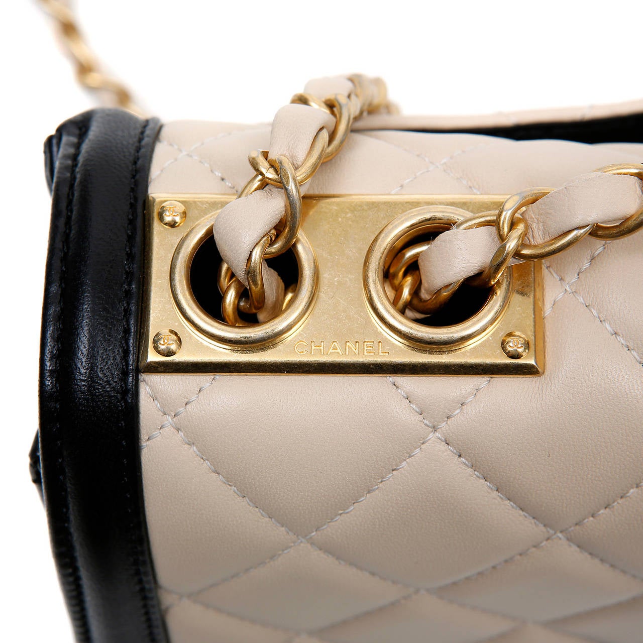 Chanel Beige Leather Black Trim Flap Bag 5