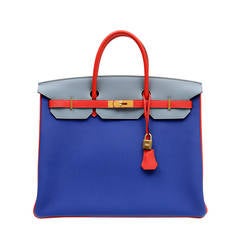 Hermes Blue Grey Red Tri Color Togo Birkin- 40 cm Horseshoe Bag