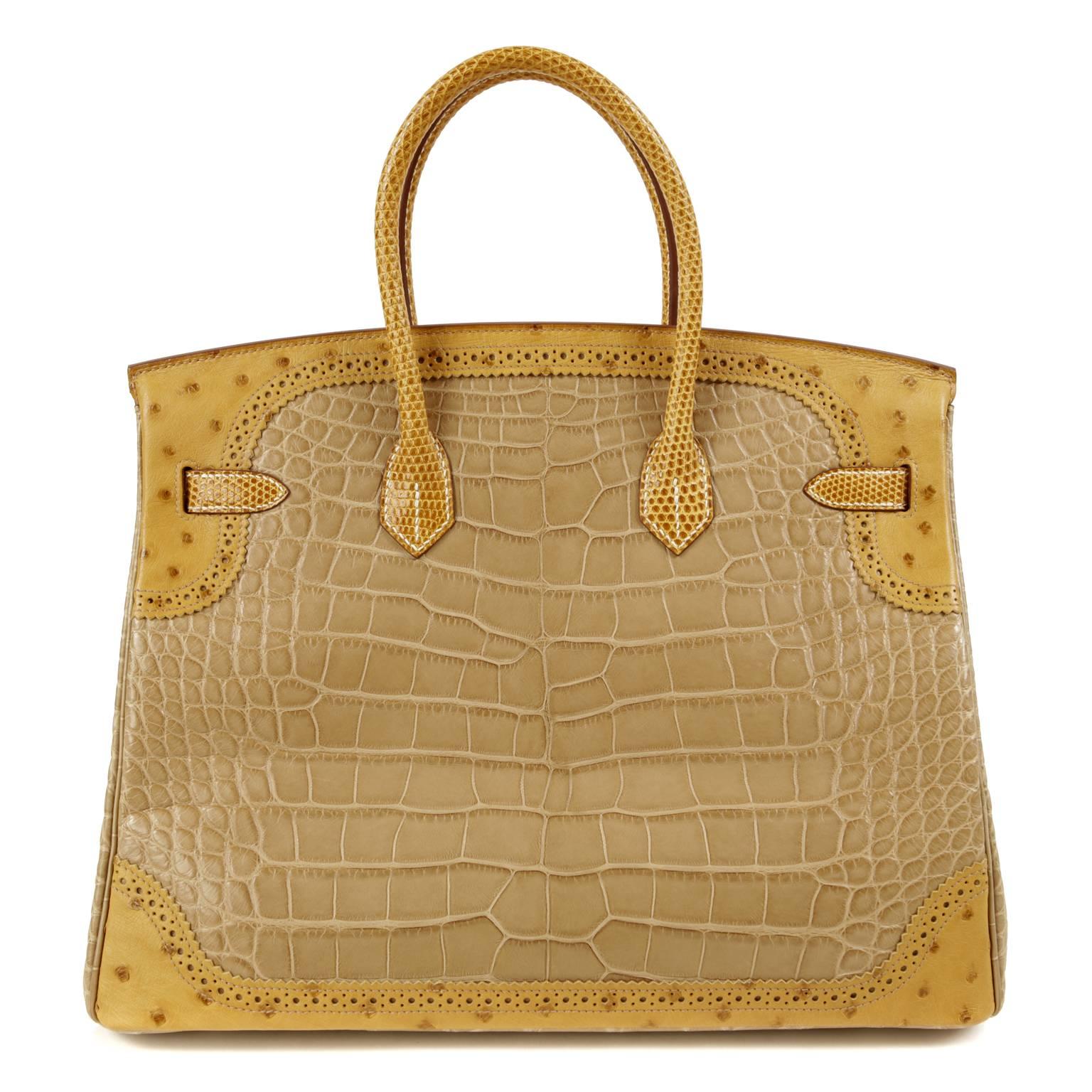 Hermès Grand Marriage Tri Skin Ghillies 35 cm Birkin- PRISTINE condition with the plastic intact on much of the hardware.  The extremely rare style is crafted from three neutral exotic skins: matte alligator, ostrich and lizard.  A truly