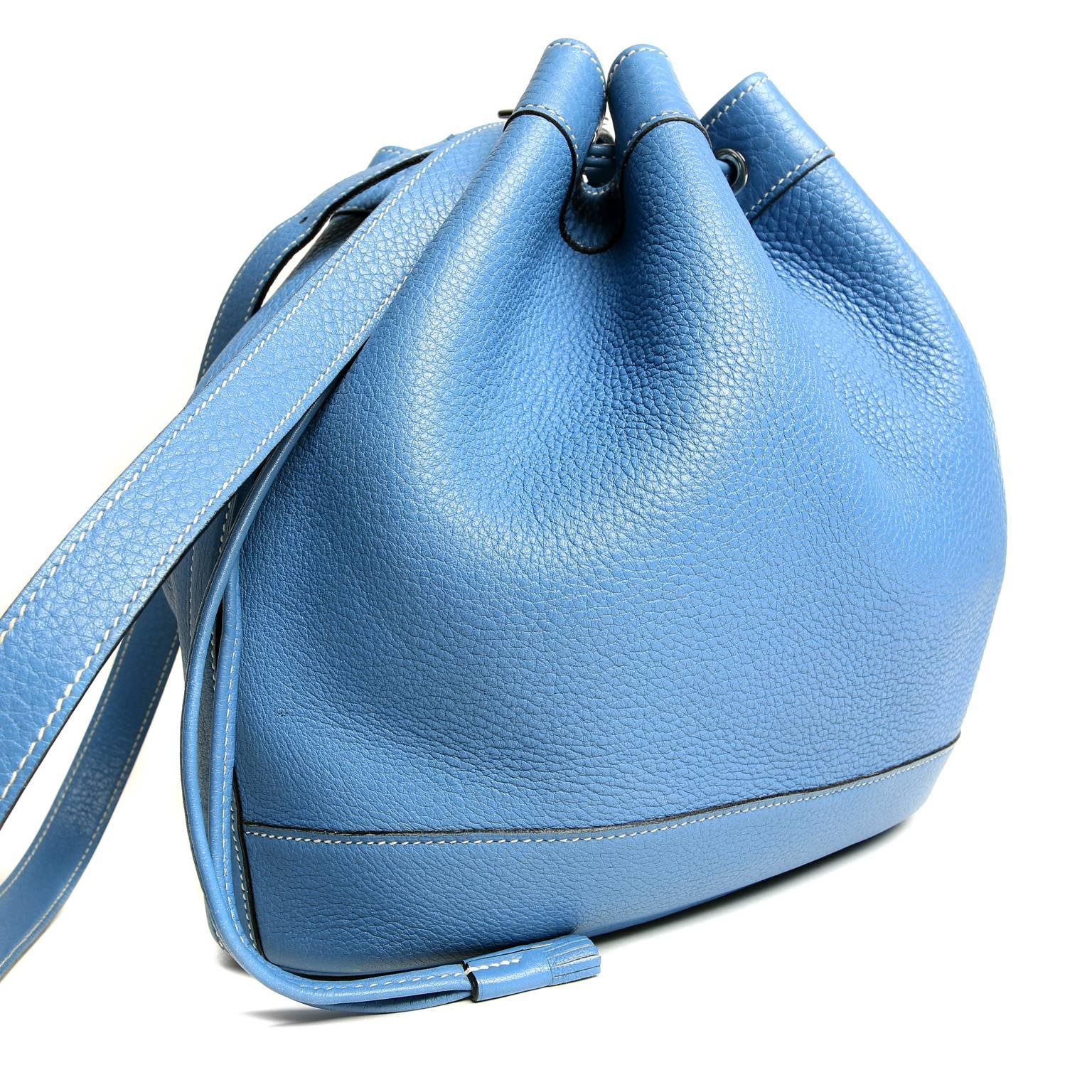 Hermes Blue Jean Clemence Leather Market Bucket Bag In Excellent Condition For Sale In Malibu, CA