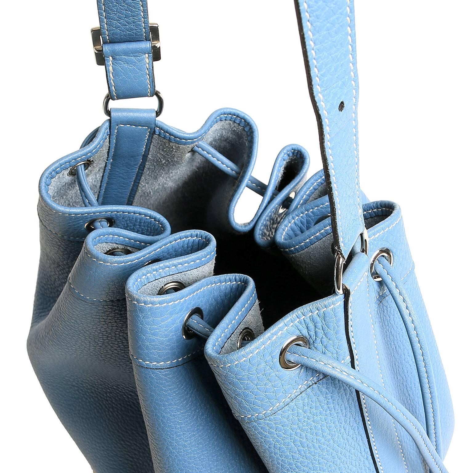 Hermes Blue Jean Clemence Leather Market Bucket Bag For Sale 2