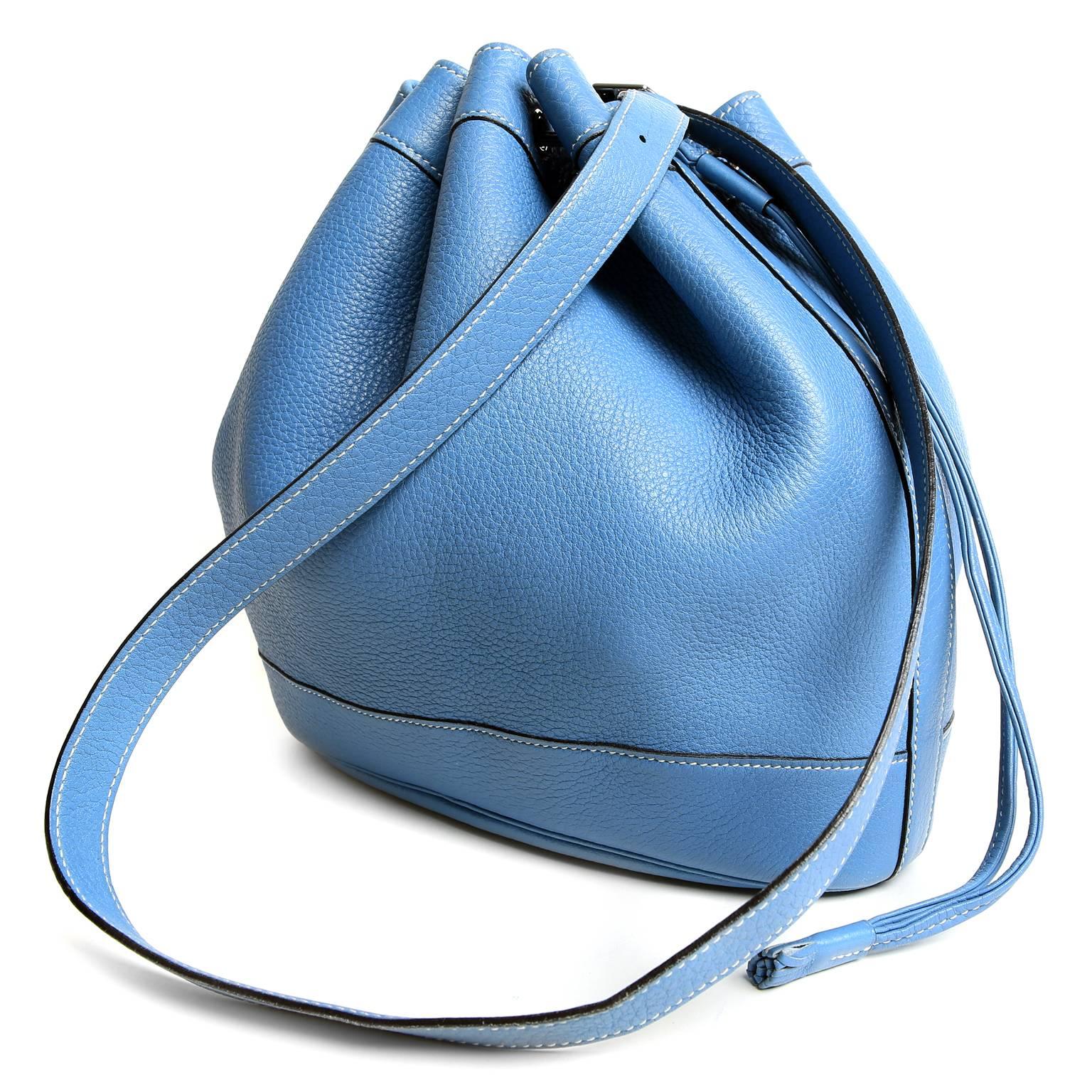 Hermes Blue Jean Clemence Leather Market Bucket Bag For Sale 3