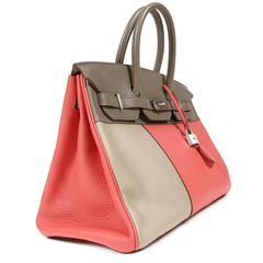 Hermès Tri Color 35 cm Clemence Bikin- Etoupe, Rose Jaipur, Argile