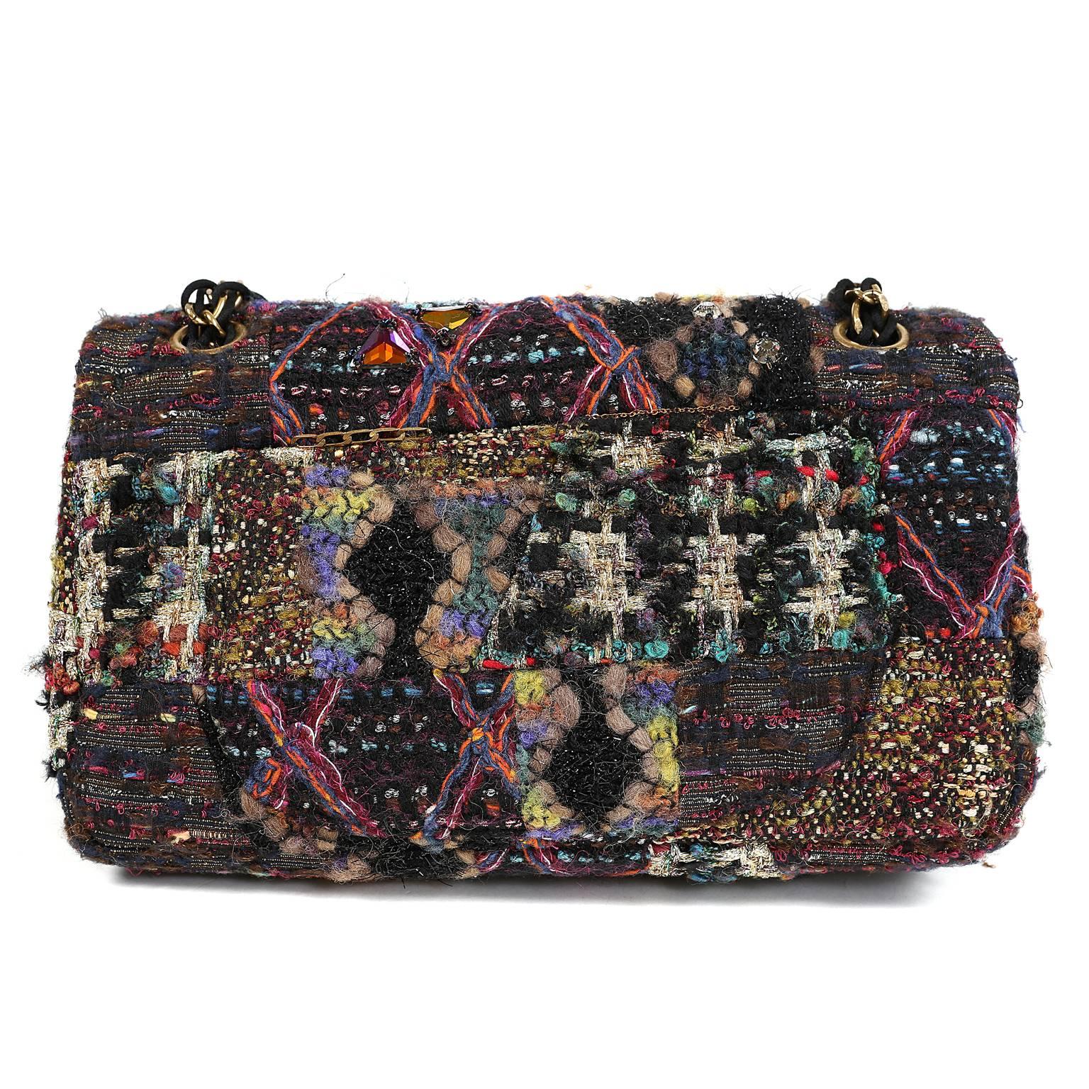Chanel Jeweled Tweed Runway Flap Bag- PRISTINE, unworn condition
 Breathtakingly designed in a melange of texture, color and applique, this rare piece is a multimedia art form.   
 
Multi-hued assortment of tweed and boucle wool blend fabrics are