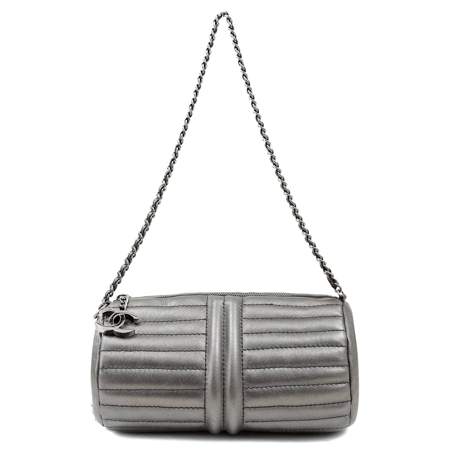 Chanel Vintage Pewter Leather Duffle Style Bag 5