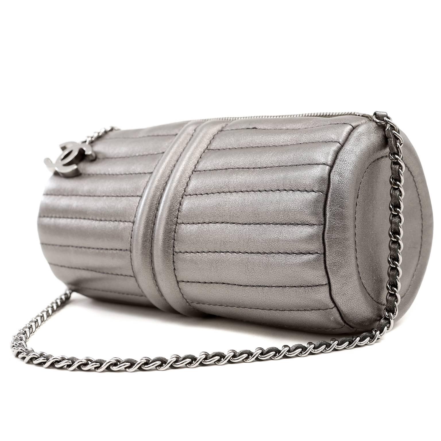 Gray Chanel Vintage Pewter Leather Duffle Style Bag