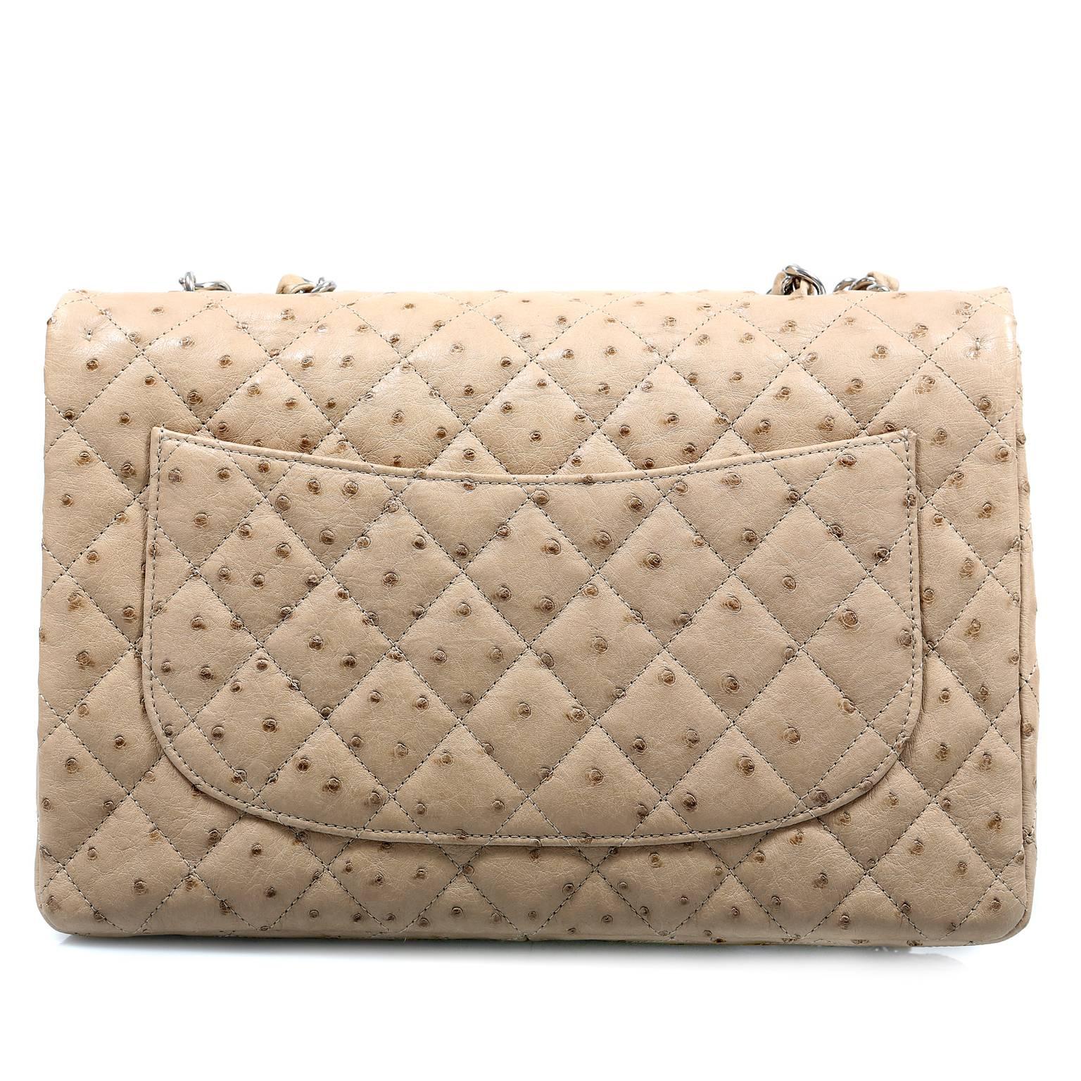 Chanel Beige Ostrich Jumbo Classic-PRISTINE, Never Carried
Extremely rare, this exotic  Chanel is in a luxurious rich beige ostrich skin. Ostrich skin is unmistakable in appearance.  It requires a very specialized production process making it quite