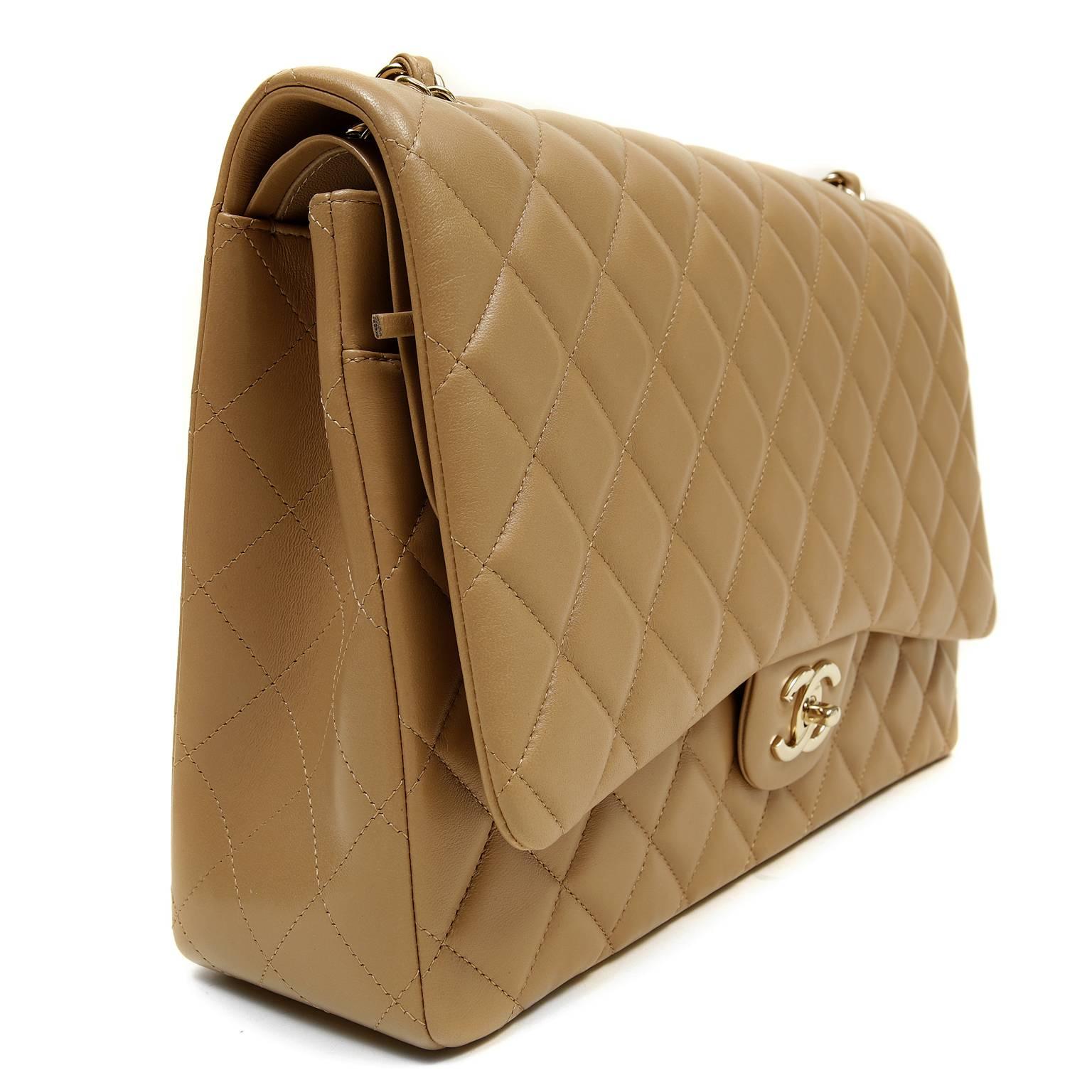 Brown Chanel Beige Leather Double Flap Maxi with Gold Hardware