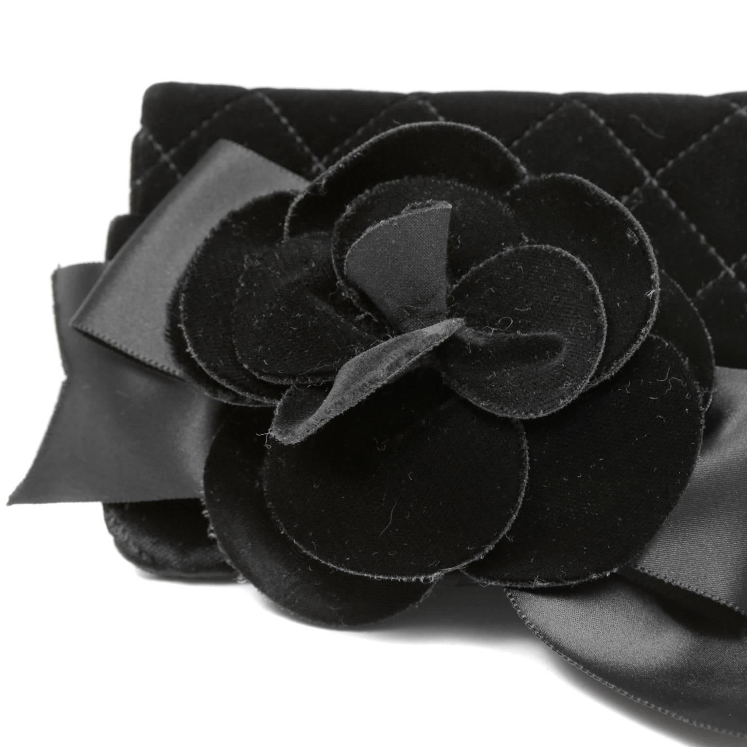 Chanel Black Velvet Camellia Flower Wristlet 1