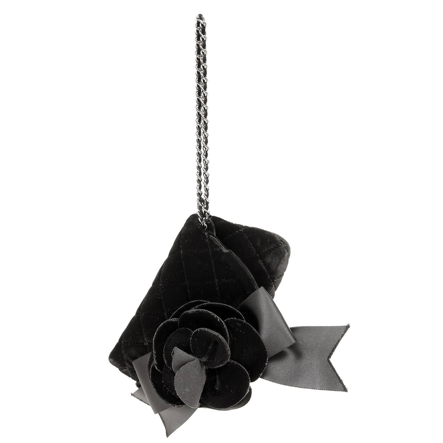 Chanel Black Velvet Camellia Flower Wristlet 2