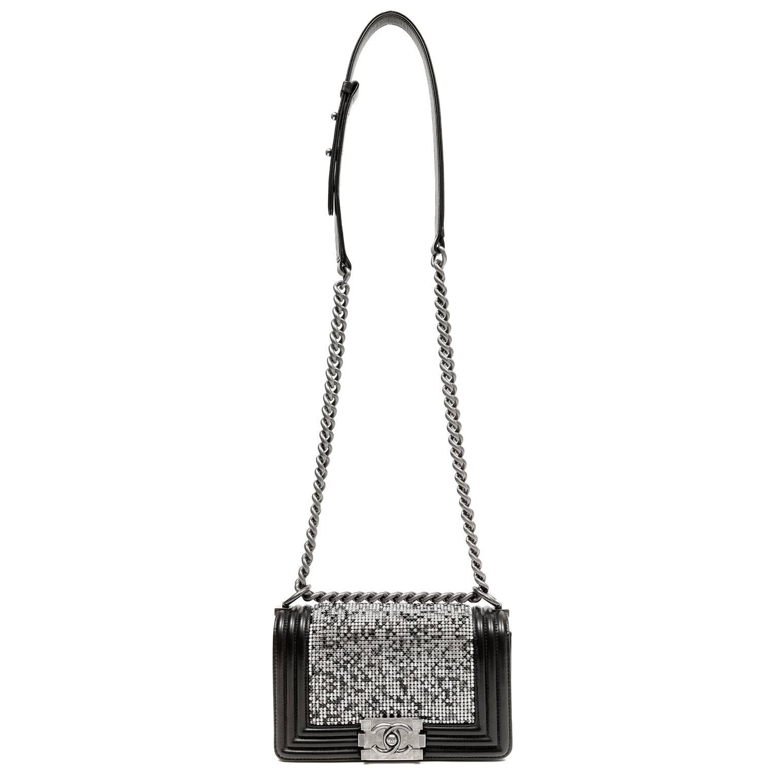 Chanel Swarovski Crystal Boy Bag- Black Leather with Ruthenium HW For Sale 2