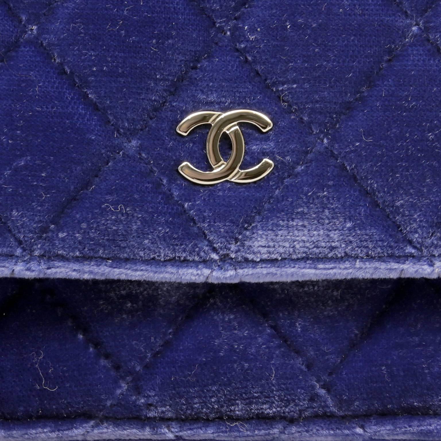 Chanel Velvet WOC- Electric Blue Velvet Wallet on a Chain In New Condition In Malibu, CA