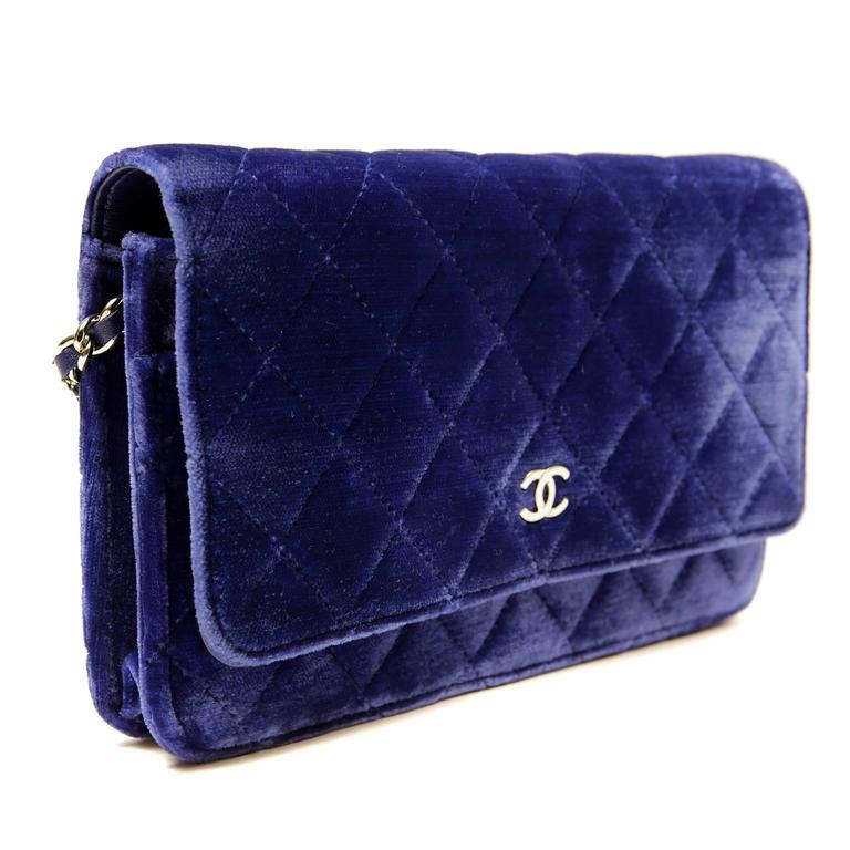 Chanel Electric Blue Velvet Classic Quilted Wallet On Chain (WOC) at  1stDibs