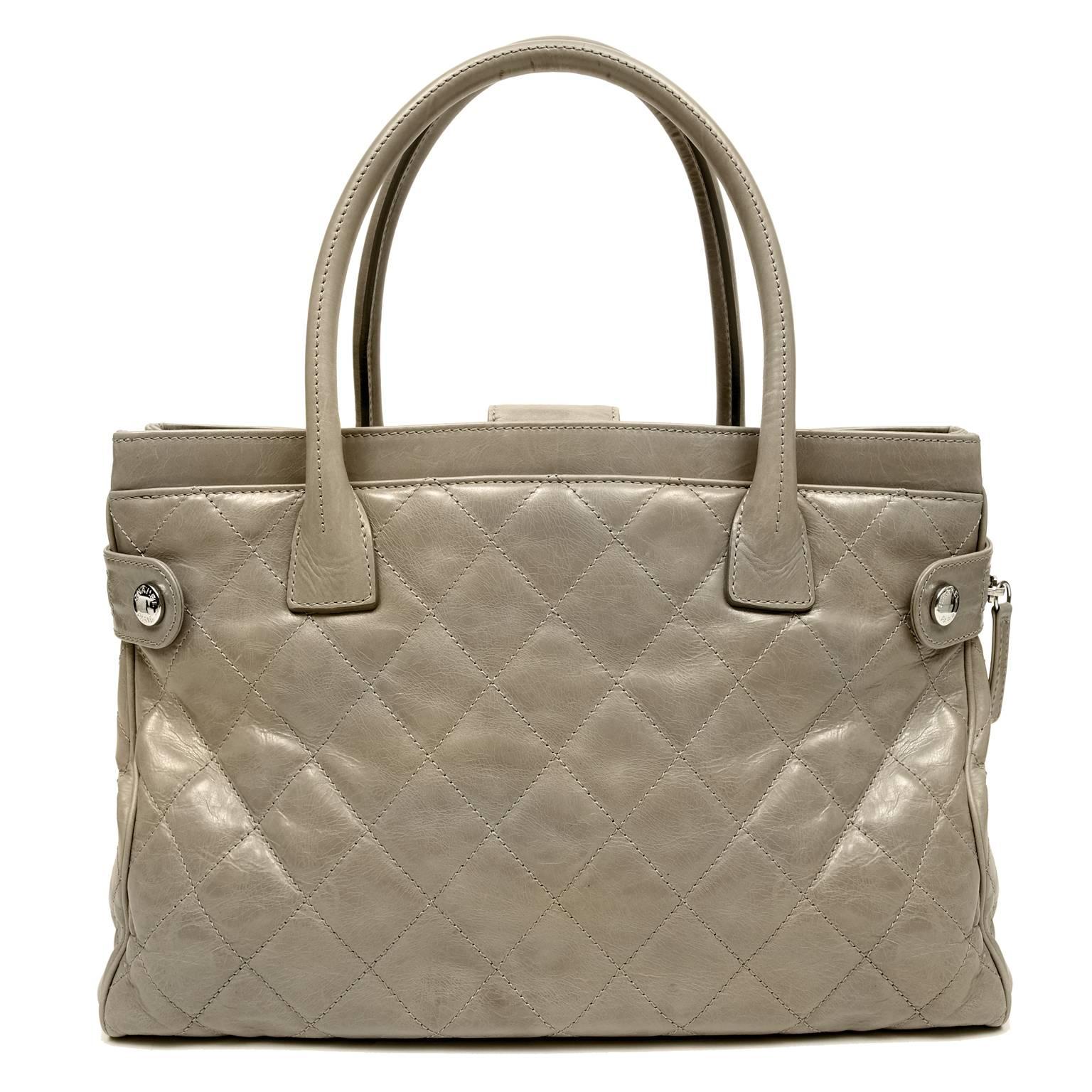 Chanel Grey Leather Portobello Tote- PRISTINE
 An excellent choice for a polished daily appearance, the Portobello is roomy and well-appointed for organization.  

Grey mildly distressed leather is quilted in signature Chanel diamond stitched