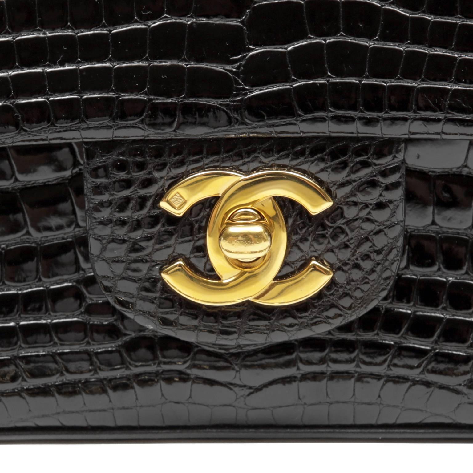 Women's Chanel Black Crocodile Double Flap Classic with Gold For Sale