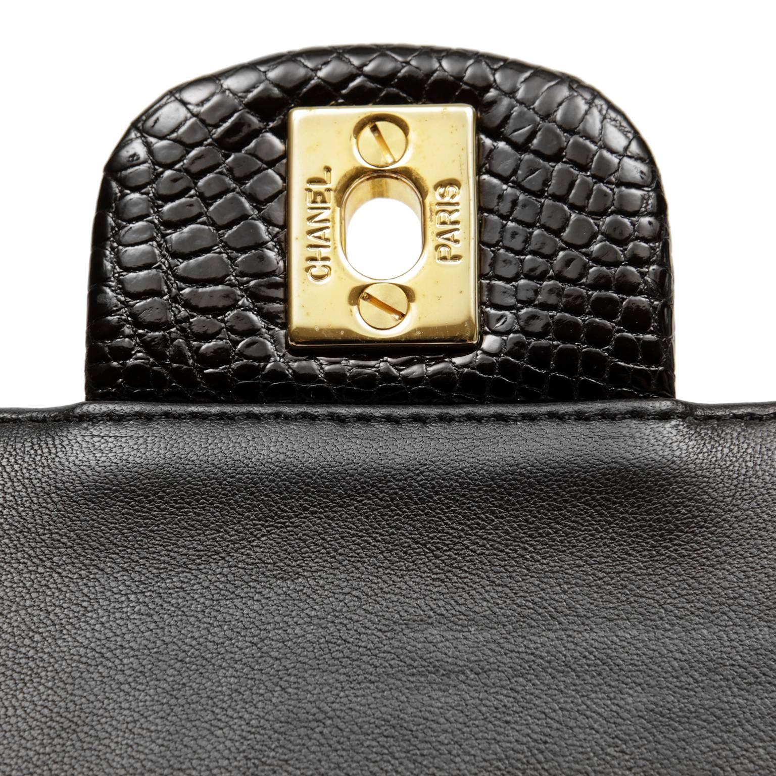 Chanel Black Crocodile Double Flap Classic with Gold For Sale 3