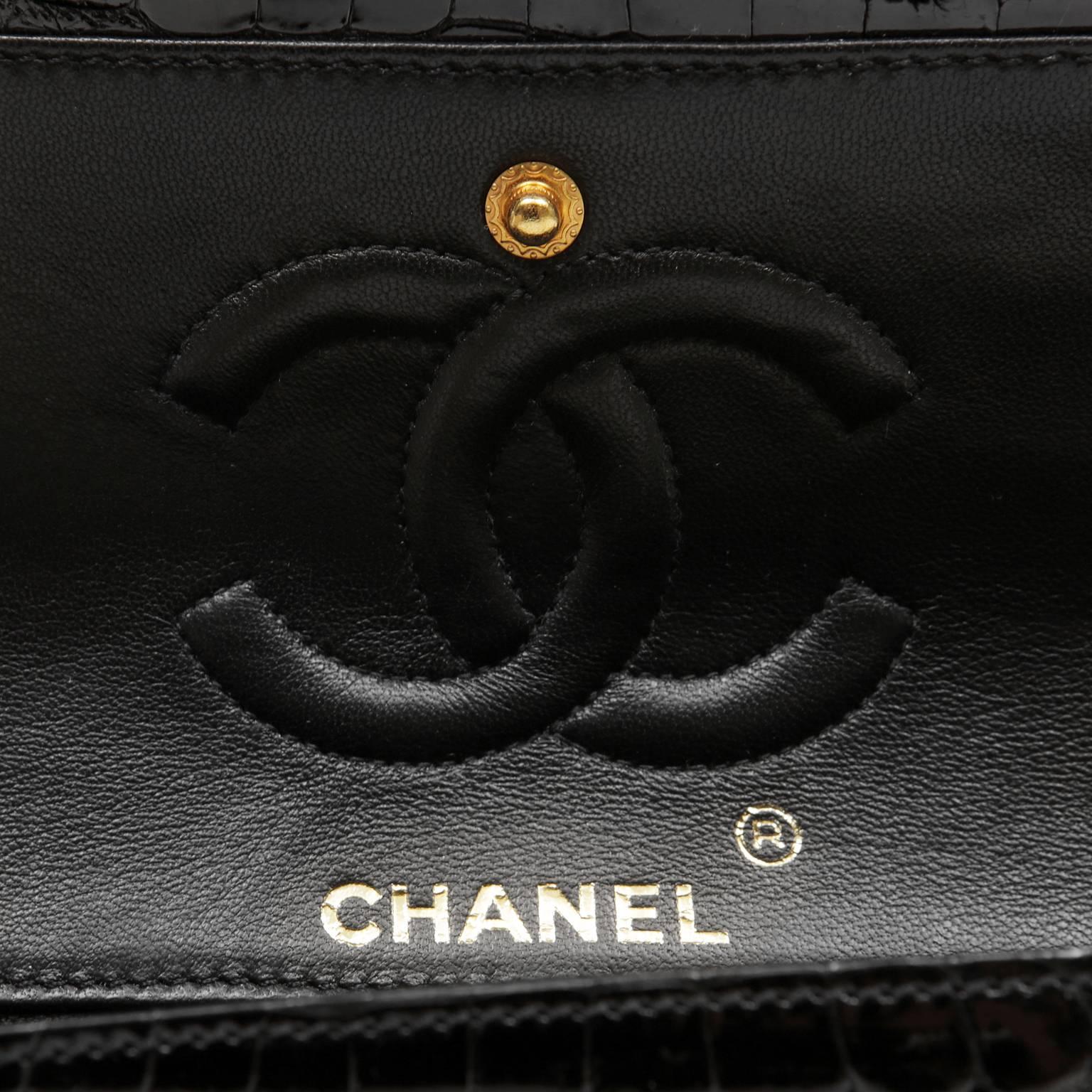 Chanel Black Crocodile Double Flap Classic with Gold For Sale 2