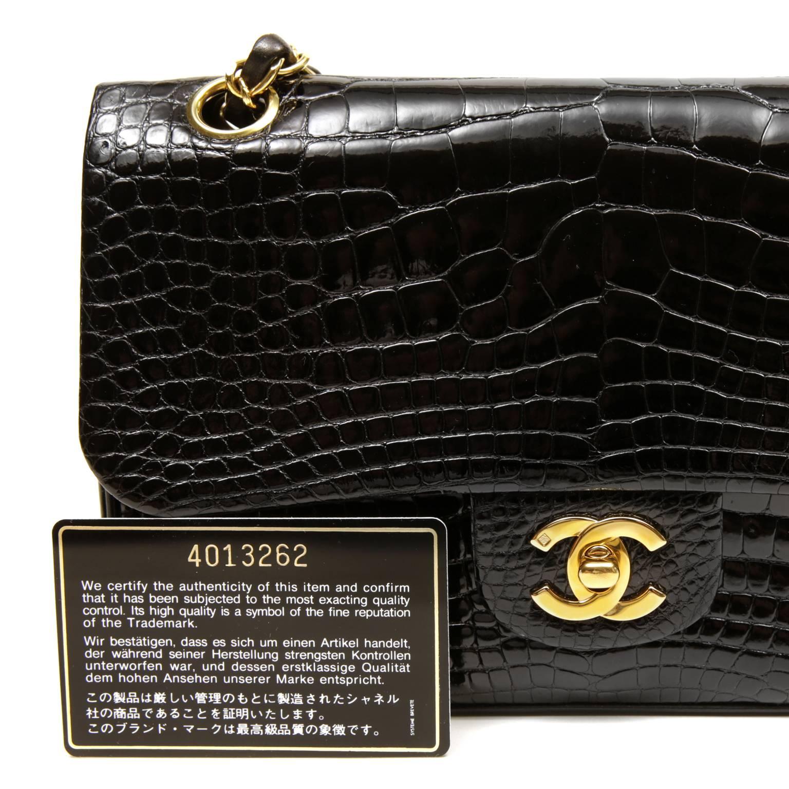 Chanel Black Crocodile Double Flap Classic with Gold For Sale 5