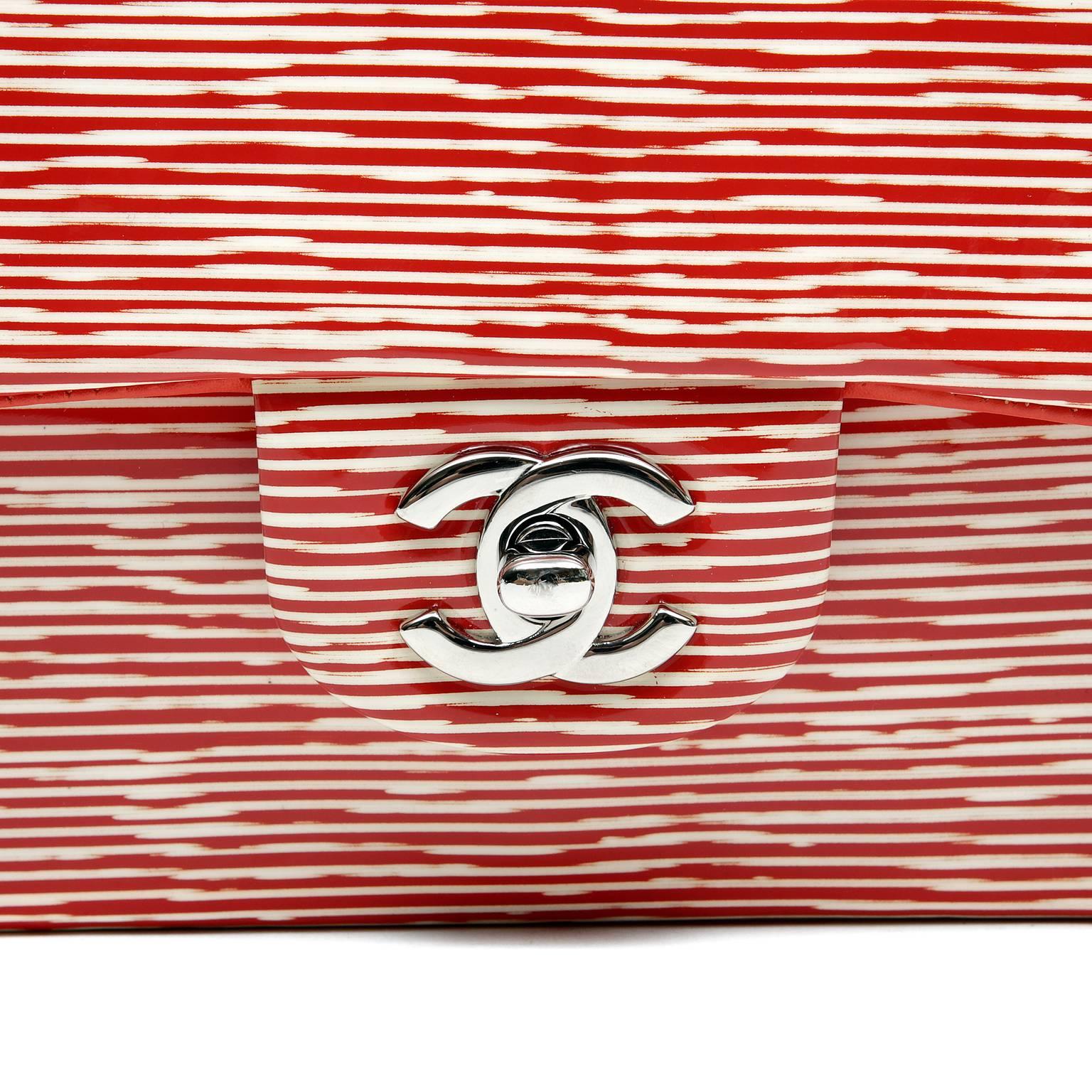 Pink Chanel Red Candy Cane Stripe Patent Leather Classic- Medium