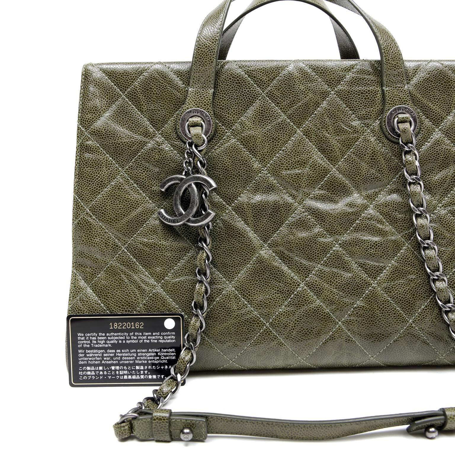 Chanel Olive Green Caviar Leather Crave Tote Bag For Sale 2