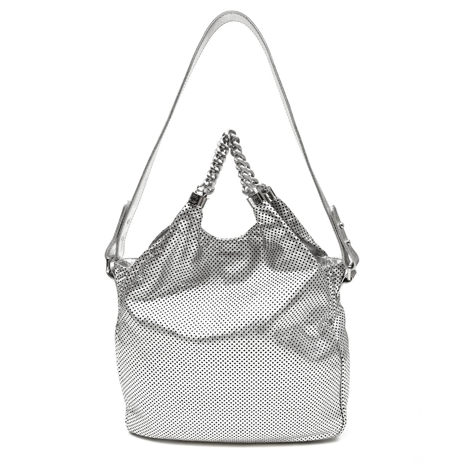 Chanel Silver Perforated Leather Rodeo Drive Large Hobo In Excellent Condition In Malibu, CA