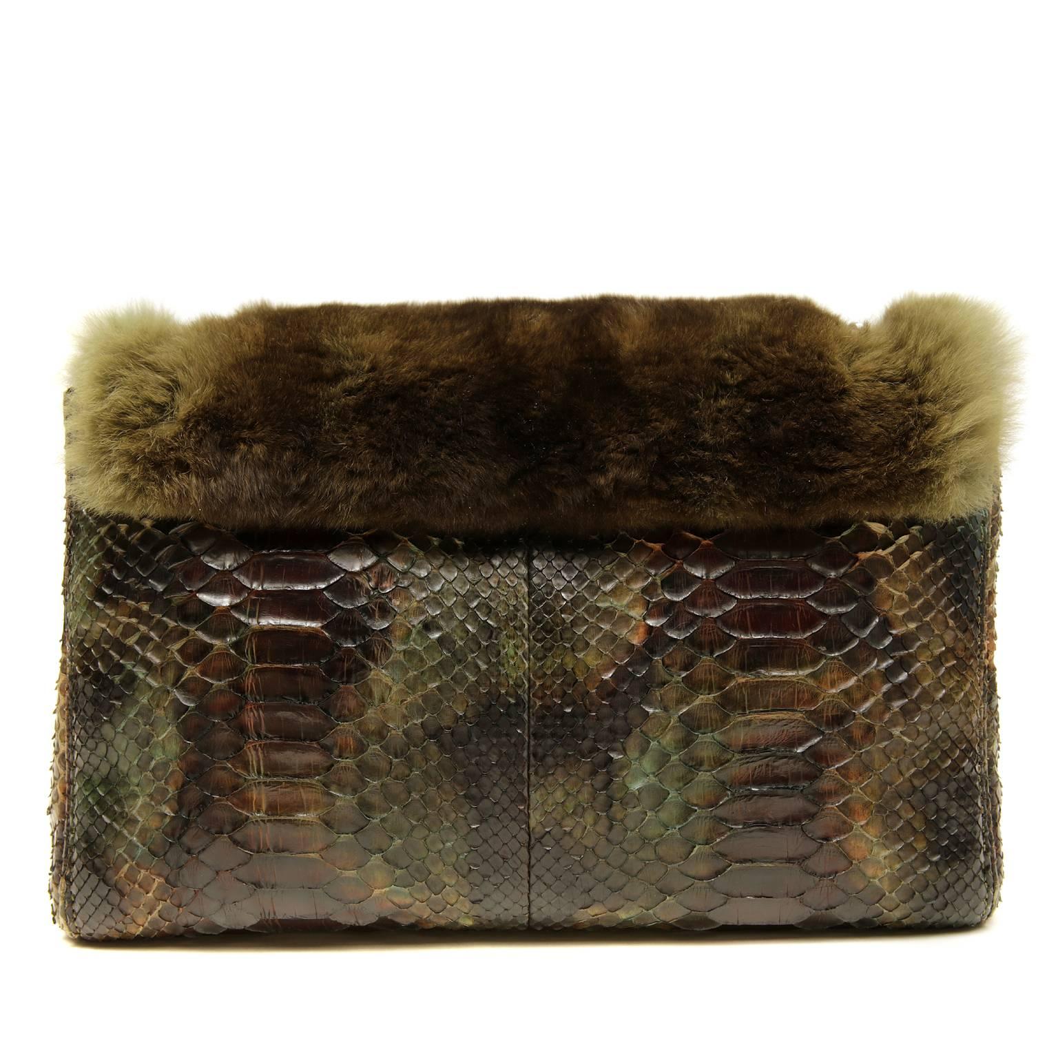 Chanel Green and Brown Chinchilla Python Combo Flap Bag- Near Pristine Condition
  This unique exotic is exquisite; it combines texture and color in a totally unexpected way.  It is rare and collectible.
Multi-hued artichoke green and soft brown