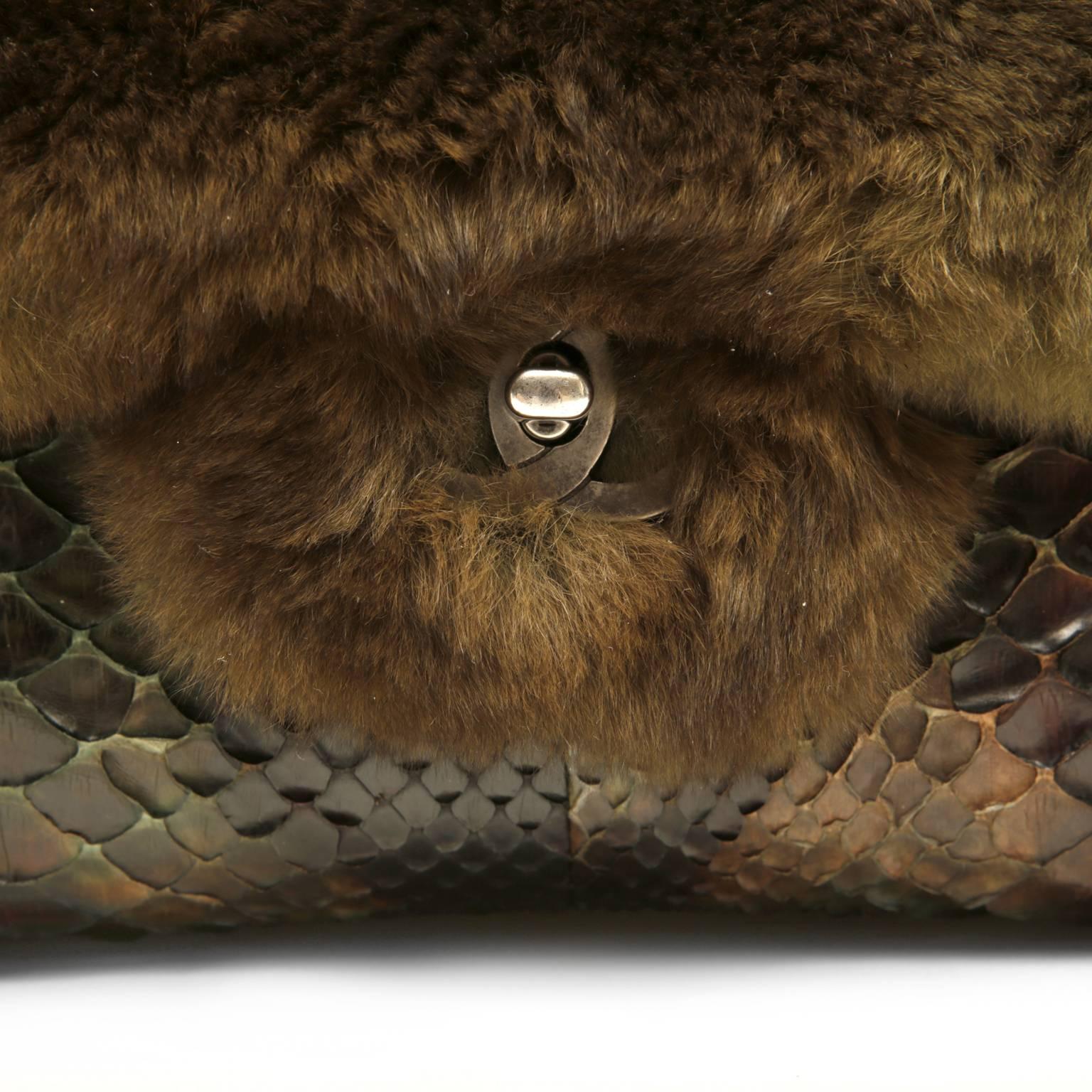 Black Chanel Green Brown Chinchilla Fur and Python Bag