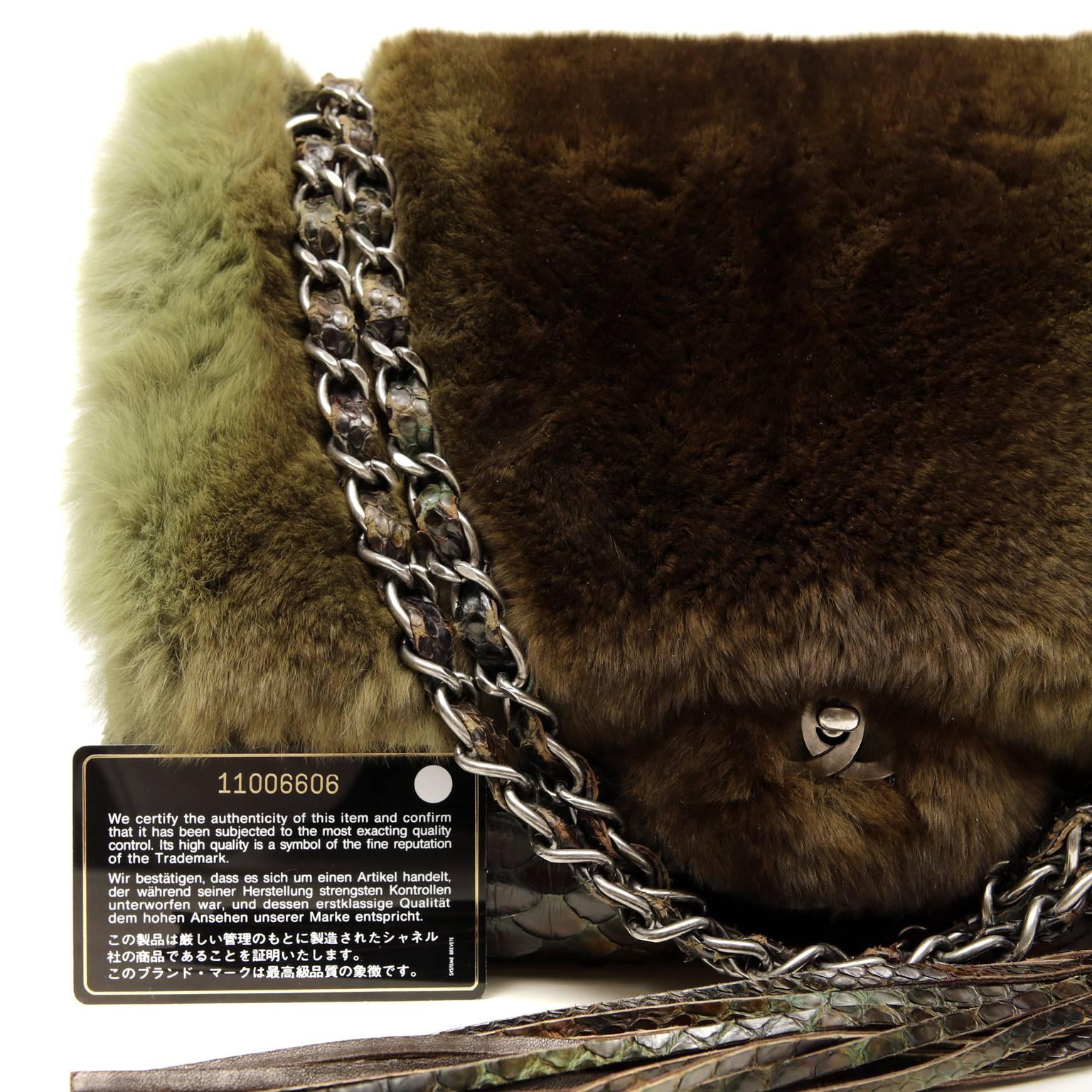 Chanel Green Brown Chinchilla Fur and Python Bag 3