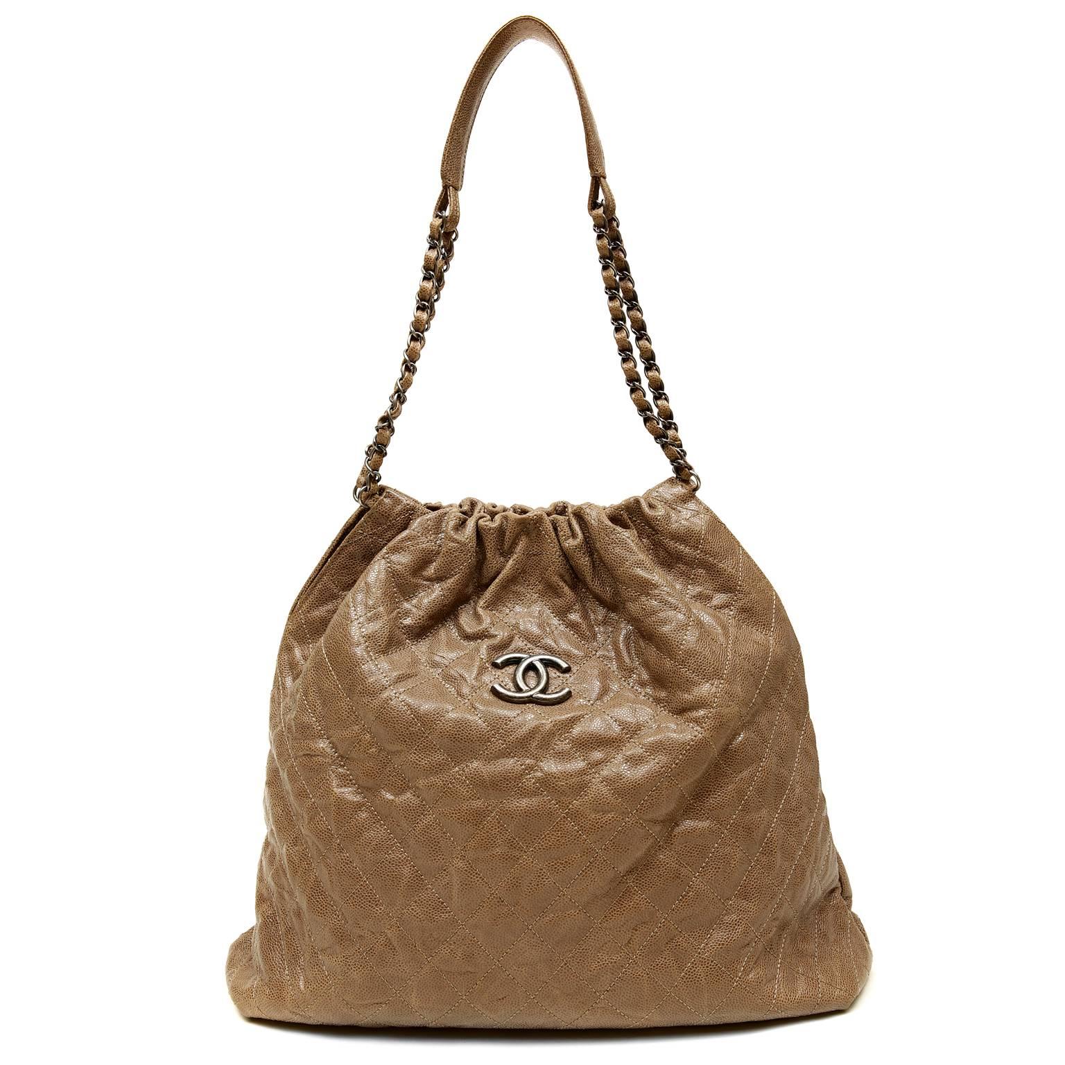 Chanel Light Brown Taupe Caviar Leather Large Hobo Shopper 5