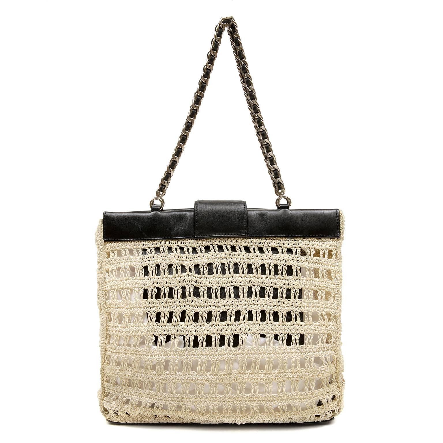 Chanel Beige Crocheted and Black Leather Tote Bag In Excellent Condition For Sale In Malibu, CA