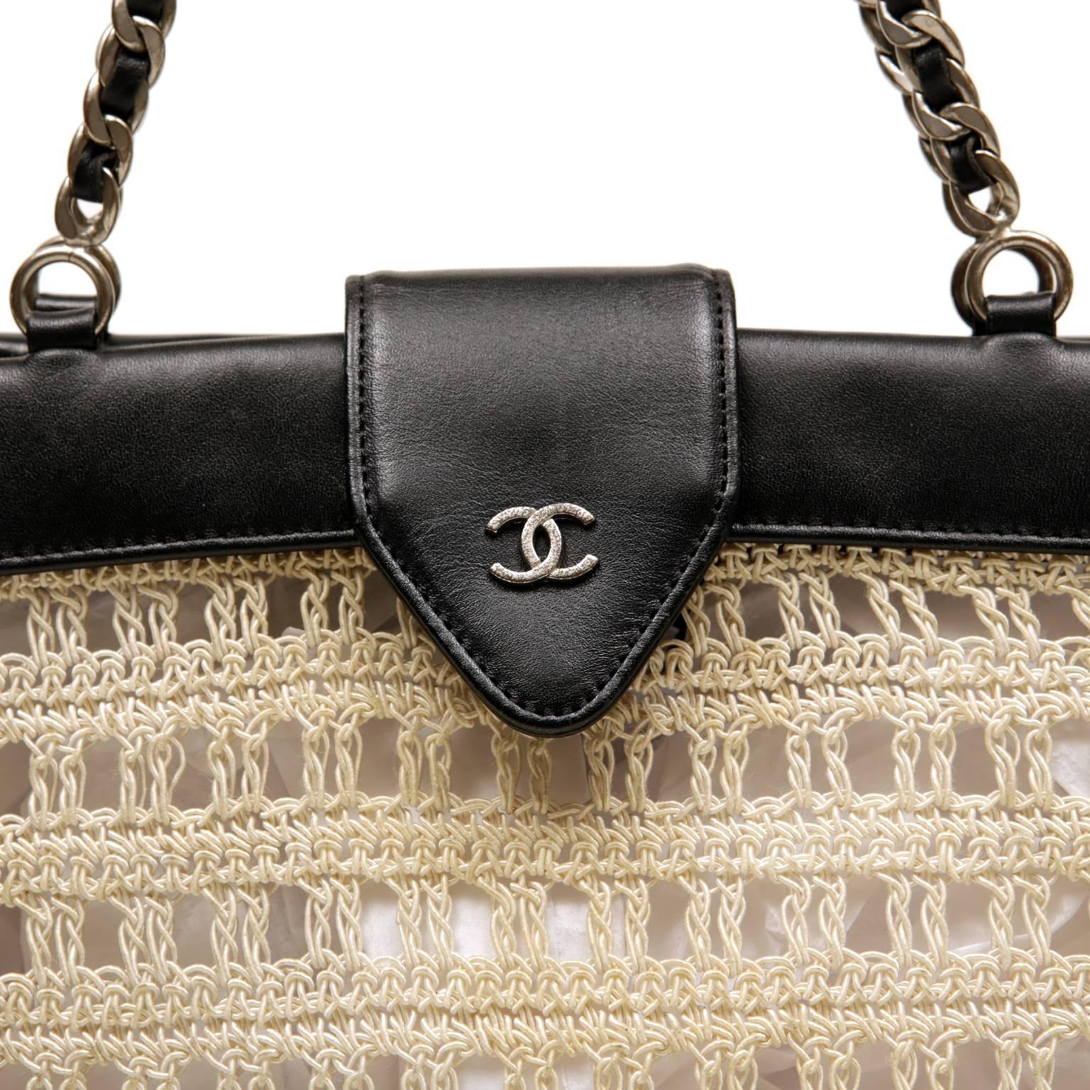 Chanel Beige Crocheted and Black Leather Tote Bag For Sale 1